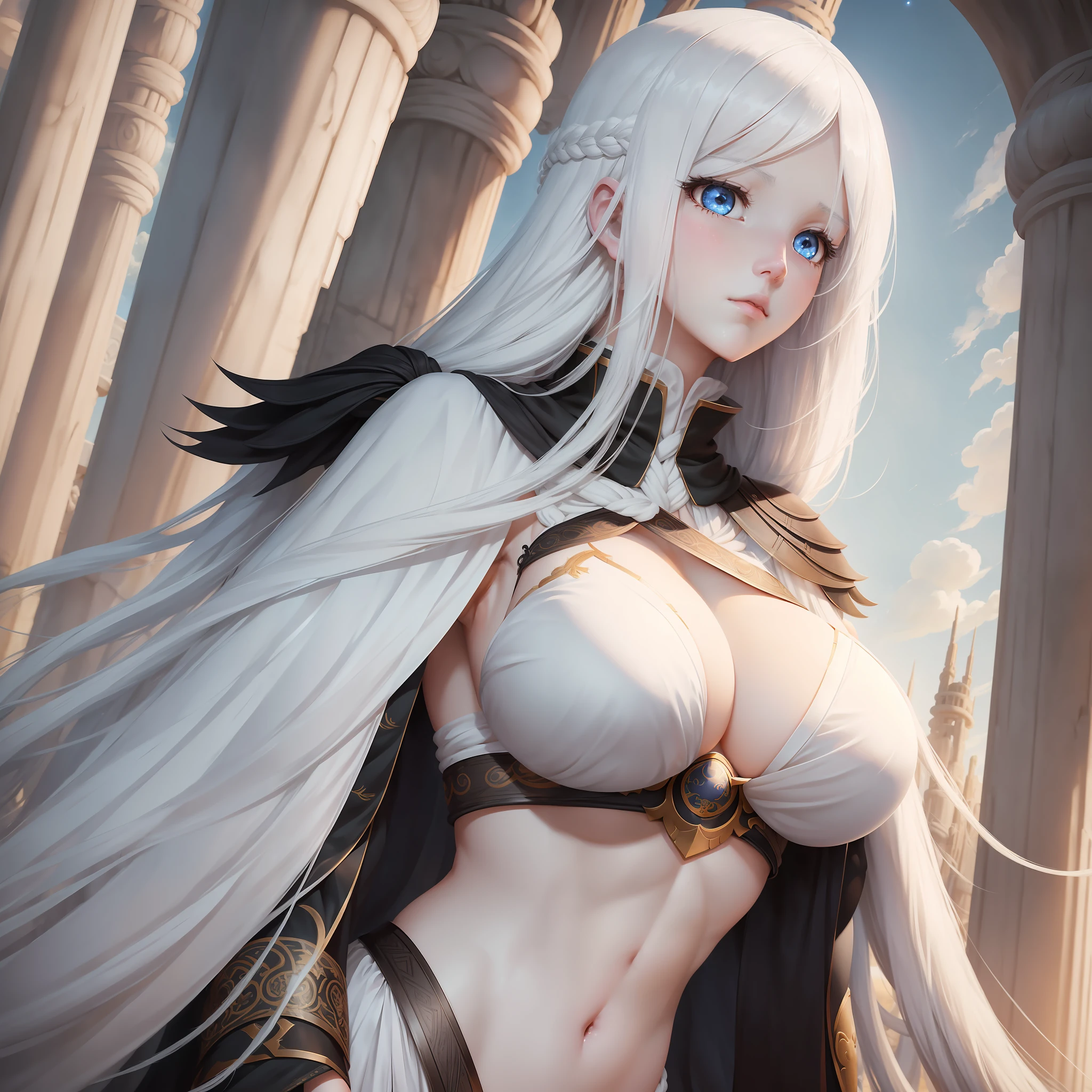 1个Giant Breast Girl,white skinned,white color hair,Long flowing hair,Moles under eyes,black cloaths,The upper part of the body,Look up,tmasterpiece,Need. --auto