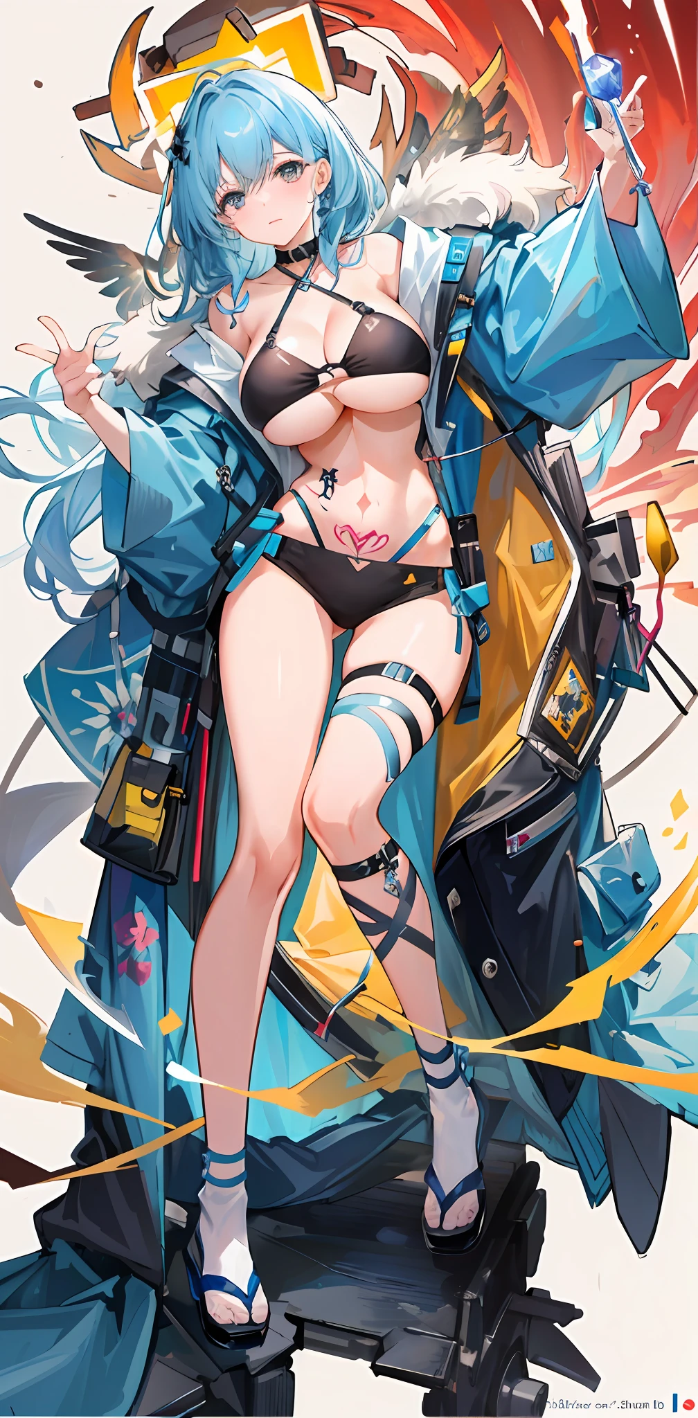 Ultra HD 2D art，closeup cleavage（a 1 woman），lightblue hair，2D animation style，Soft and delicate depiction，Also pay attention to her full-body tattoos（Full-body art），Landscape mode，A masterpiece by Guweiz and James Jean，CGSCOSITY's tattoo expert designs, etc。A beautiful blue-haired girl，It has become a hot topic on the Japanese trend art station。，White transparent bra，huge tit