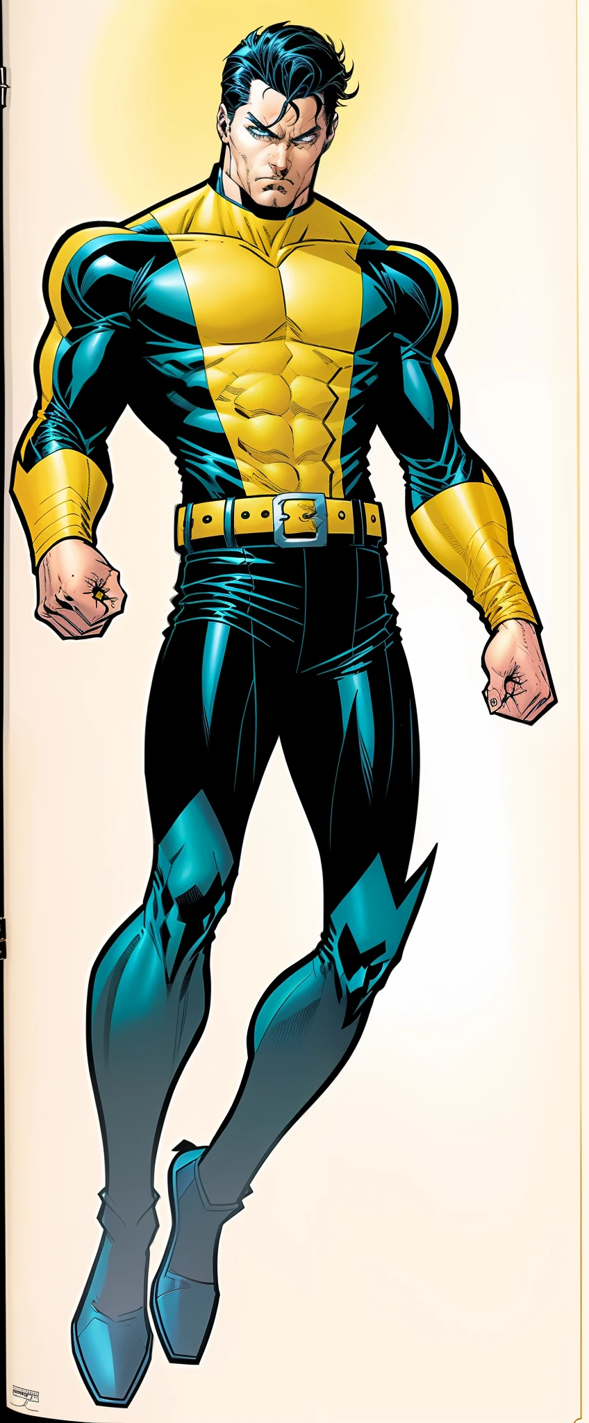 a close up of a man in a yellow and black costume, yellow costume, sleek costume, x man type costume, white eyes, well drawn, well drawn eyes, ethan van sciver, phil jimenez, comic book character, belt, blue and yellow hero, like Johnny Depp, full portrait, reed richards, 90s comic book character design, jason fabok. greg staples, cyclops, 2000s comics, russell dauterman, John Romita Jr.