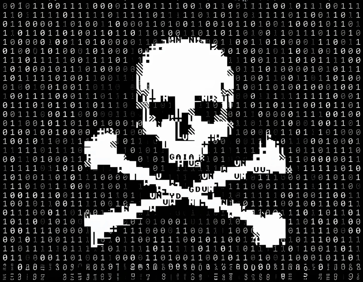 A skull and crossbones are displayed on a computer screen, skull on the screen, Dados corrompidos, pirataria ornamentada, skull and bones, Piratas, skull and crossbones, pirata, hacker, logotipo pirata, toxic, cognitohazard, toxicidade, veneno, alterar as letras, colocar o escrito CGTIC2023,