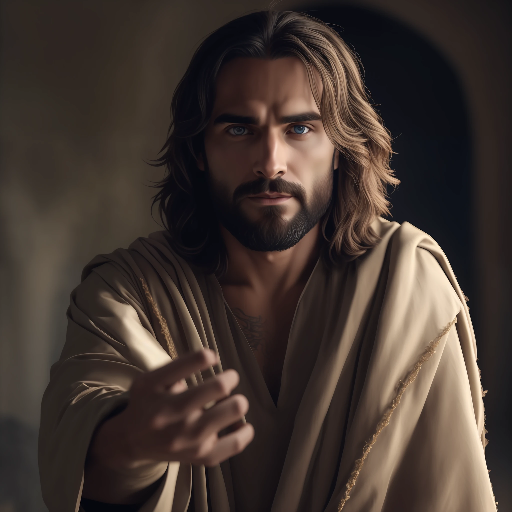 Seth Rollins as Jesus Christ, focus on the details of the face, similar to seth rollins, wearing long beige tunic of Jesus, Jesus style of the Bible, realistic image, background of the heavenly garden image with animals and flowers, best quality, 8k, focus on the details.