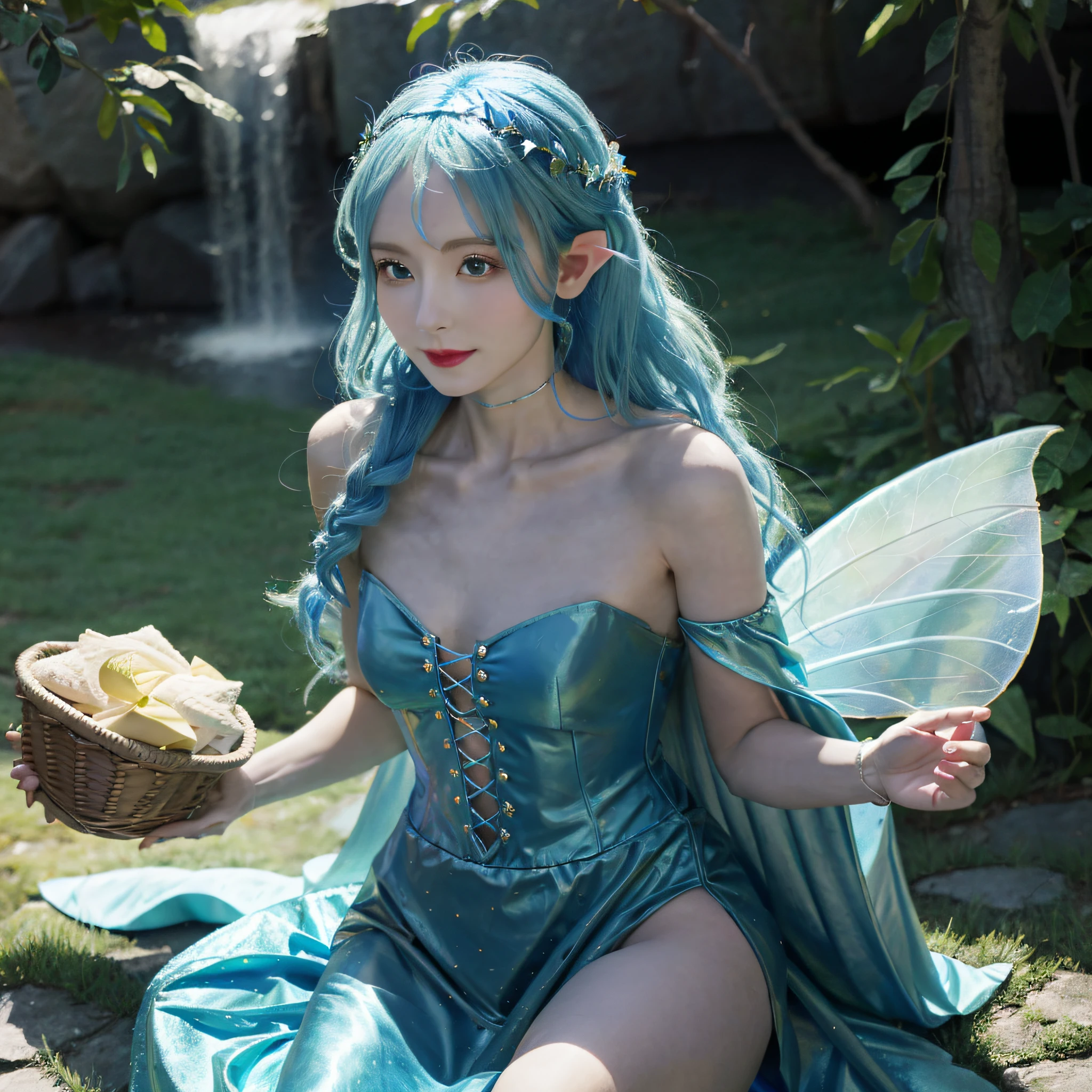 Very good Prompt,The following is a format-optimized version:
professional cosplay, beautiful adult fairy queen,Hand rest in a small blue basket,It contains fruit,Blue-haired girl sitting on a slightly weedy stone,Behind is the background of the beautiful and elegant elf queen,The scenery is as beautiful and elegant as a fairyland。