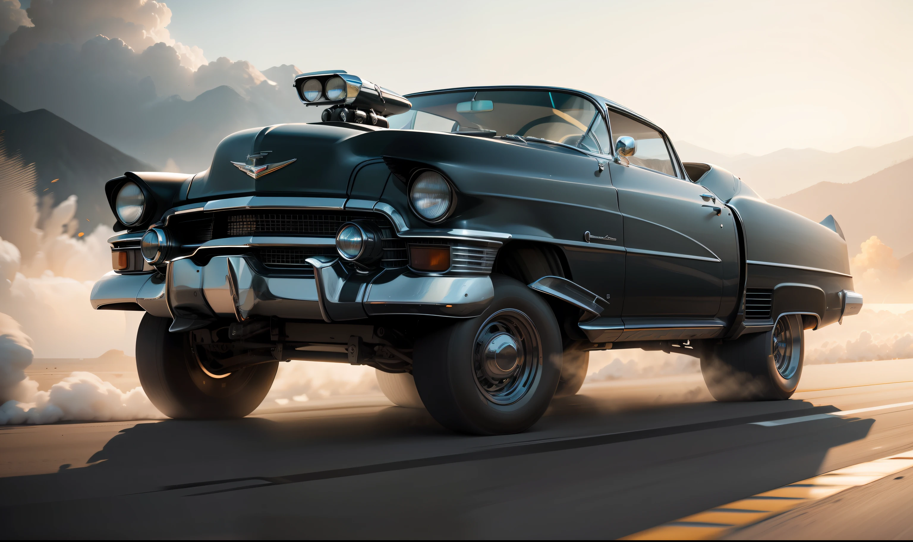 Necessidade de velocidade, Cadillac Eldorado Gasser 54 PRETO BRILHANTE com um piloto de corrida com capacete de corrida, correndo pela pista molhada, quase, hyper realistic, motion blur, blurry background, altamente detalhado, divine proportion, (((Enquadrado))), perfect composition, perfect lighting, octan render, 8k, Artistic photography, trending on ArtStation, foco nítido, Studio photo, detalhes intrincados, altamente detalhado, Directed by: Greg Rutkowski --auto