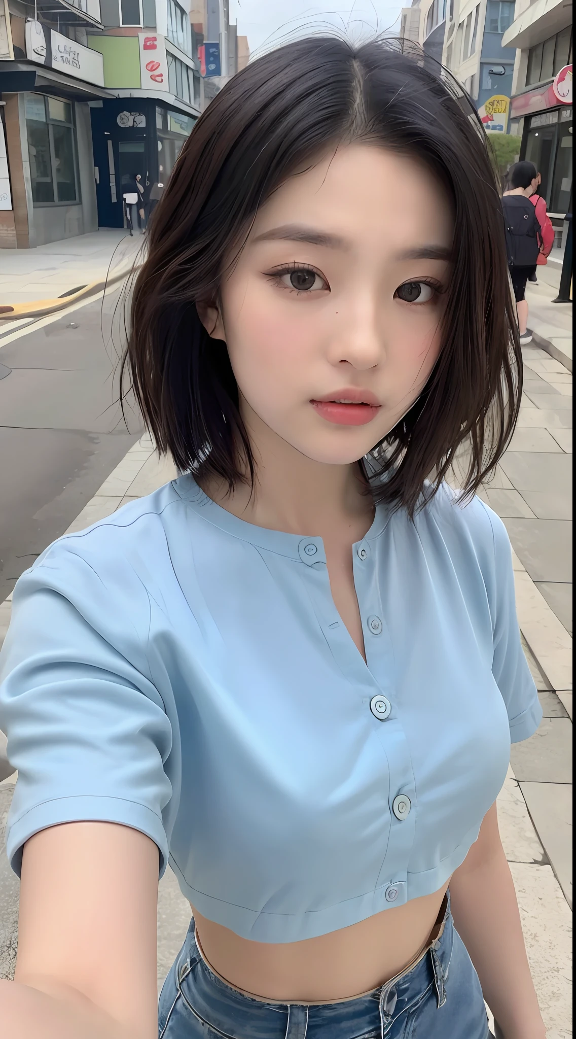 ((best qualtiy, 8K, tmasterpiece:1.3)), Sharp:1.2, perfect figure beautiful woman:1.4, Slim abs:1.2, ((Short hair in layers,The wind blows messy hair :1.2)), (White Button Short Sleeve Shirt:1.1),(the street:1.2),Delicate makeup,Highly detailed facial and skin texture,A detailed eye,二重まぶた,looks into camera