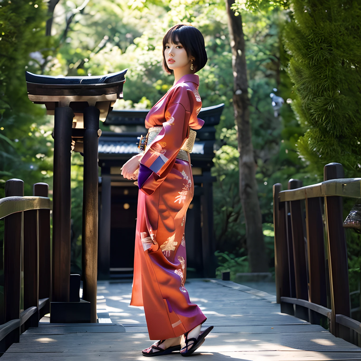 Alafi in a kimono standing on a wooden walkway in the park, wearing royal kimono, in a kimono, japanese kimono, Wearing kimono, Kimono, Classic kimono, Wearing a kimono, red kimono with flower patterns, classy yukata clothing, in a kimono, elegant japanese woman, intricate geisha kimono, hakama kimono, Red kimono, traditional geisha clothing