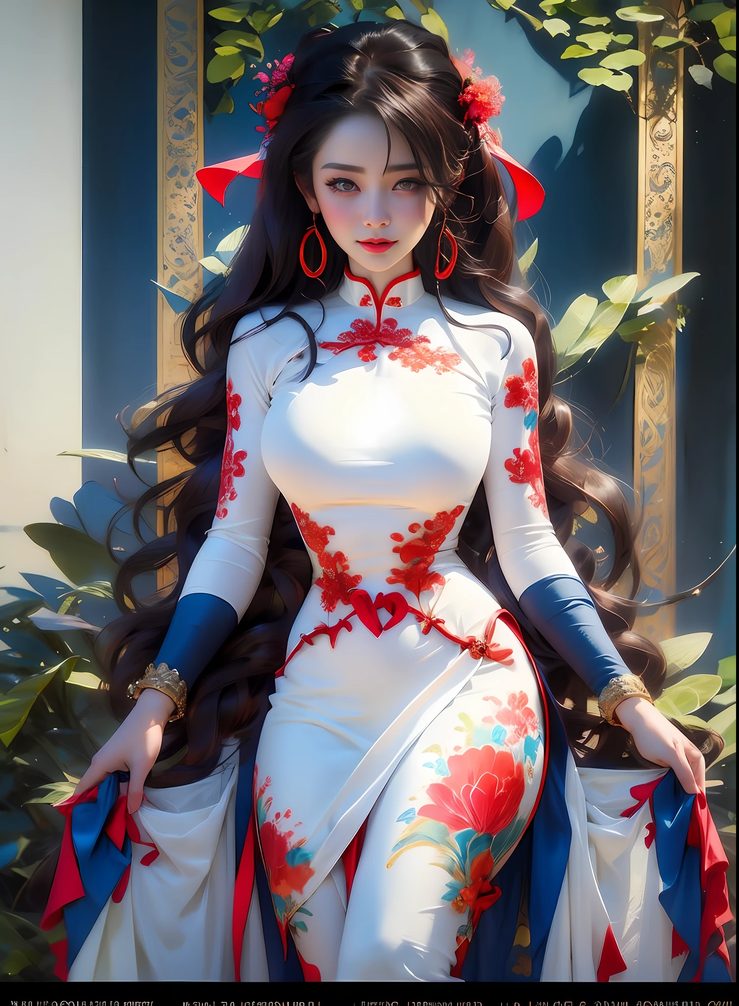 A beautiful girl, 22 years old, sexy theme, perfect face shape, oversize model, mature woman, tall long legs, (((super huge breasts))), (((glazed pupils))), long messy hair, happy,  hand details, finger details, beautiful anime Huaifu style girl, super detailed painting, luminescism, art concept art by Kahn Griffith and Vadim Kashin,  abstract beauty, standing, close to perfection, pure form, golden ratio, concept art, by Brian Froud, Carne Griffiths, Wadim Kashin and John William Waterhouse, intricate detail, 16k post-production, high resolution, hyperdetail, Artstation trend, sharp focus, studio photos, intricate detail, high detail,She wears the traditional Vietnamese dress ao dai , ao dai Vietnamese,She has big breasts, saggy breasts,She has beautiful big round eyes ,Double eyelid,Beautiful face