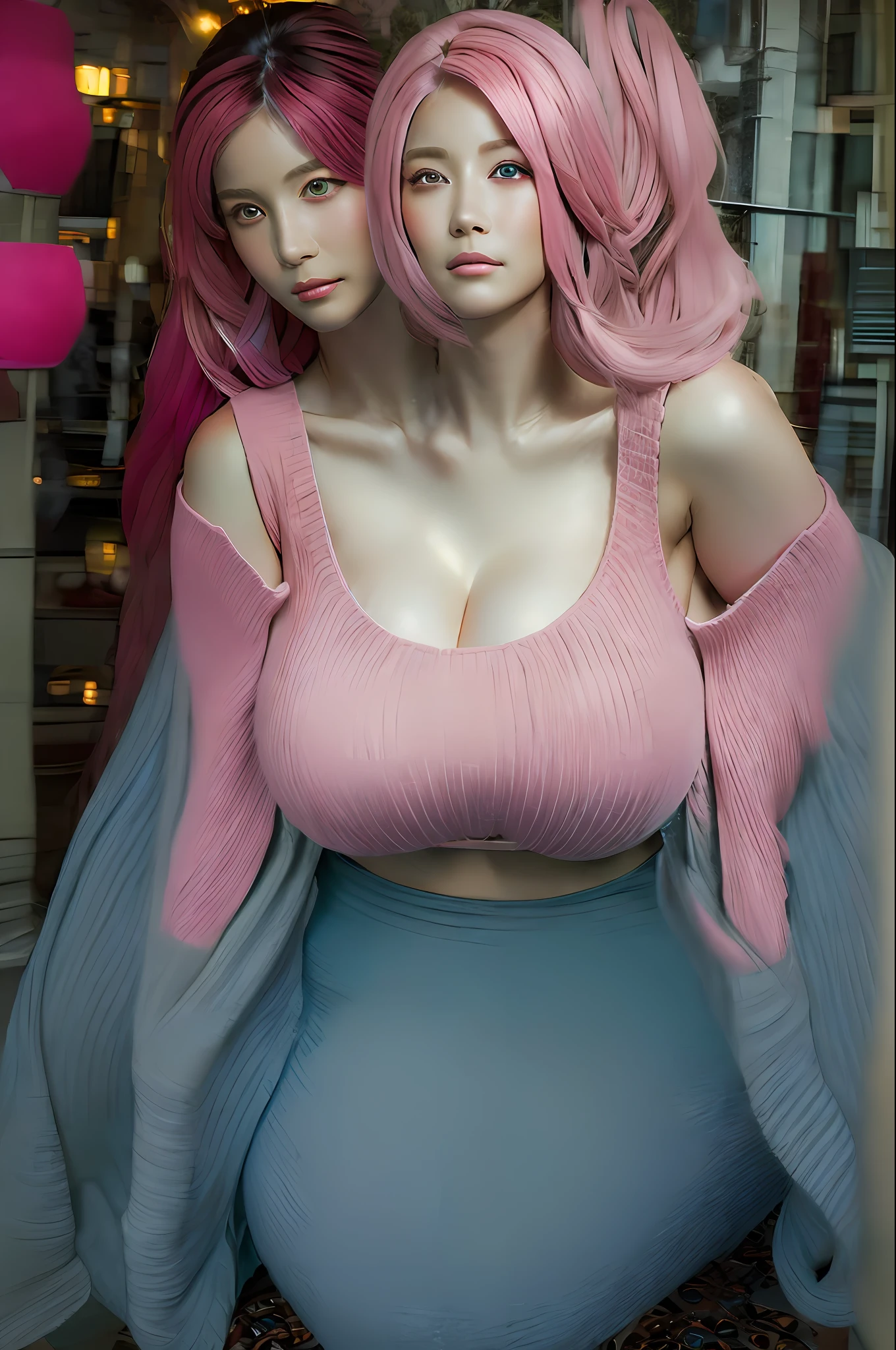 2heads, conjoined, (masterpiece:1.3), (8k, photorealistic, RAW photo, best quality: 1.4), (1girl), beautiful face, (realistic face), (pink hair, long messy hair:1.3), beautiful hairstyle, realistic eyes, beautiful round detailed eyes, not asian,(realistic skin), beautiful skin, massive breasts, (two times sweater), absurdres, attractive, ultra high res, ultra realistic, highly detailed, golden ratio, enormous breasts. Gigantic breasts. Disproportionately large breasts.