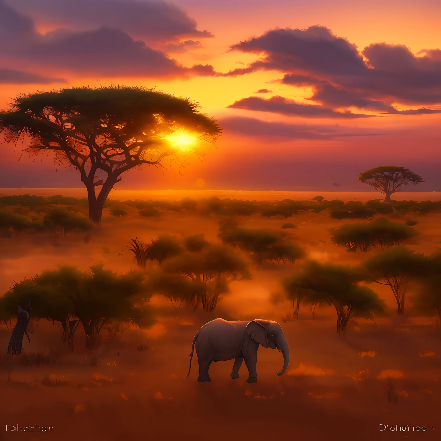 /imagine prompt: A young elephant stands in awe as she watches an elephant herd in the distance across the African savannah, Wonder, Unity, Serenity, Expansive, Exhilarating, Sony A7 III, Prime lens, Sunset, 50mm, Ethereal style, by David Thompson. –ar x:y