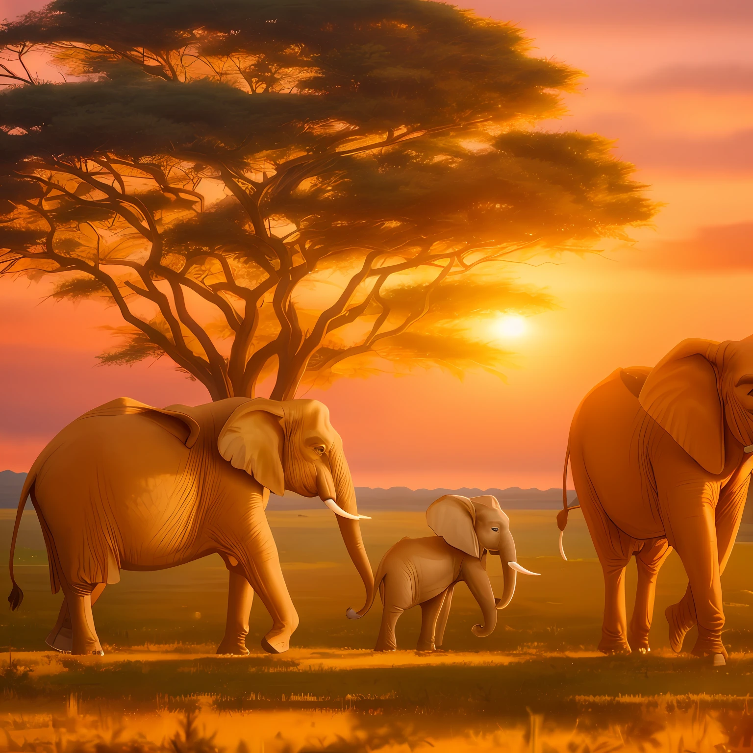 /imagine prompt: A young elephant observing an elephant herd in the distant grassy lands of Africa, Serene, Majestic, Harmonious, Vast, Captivating, Nikon D850, Telephoto lens, Golden hour, 200mm, Documentary style, by John Smith. –ar x:y