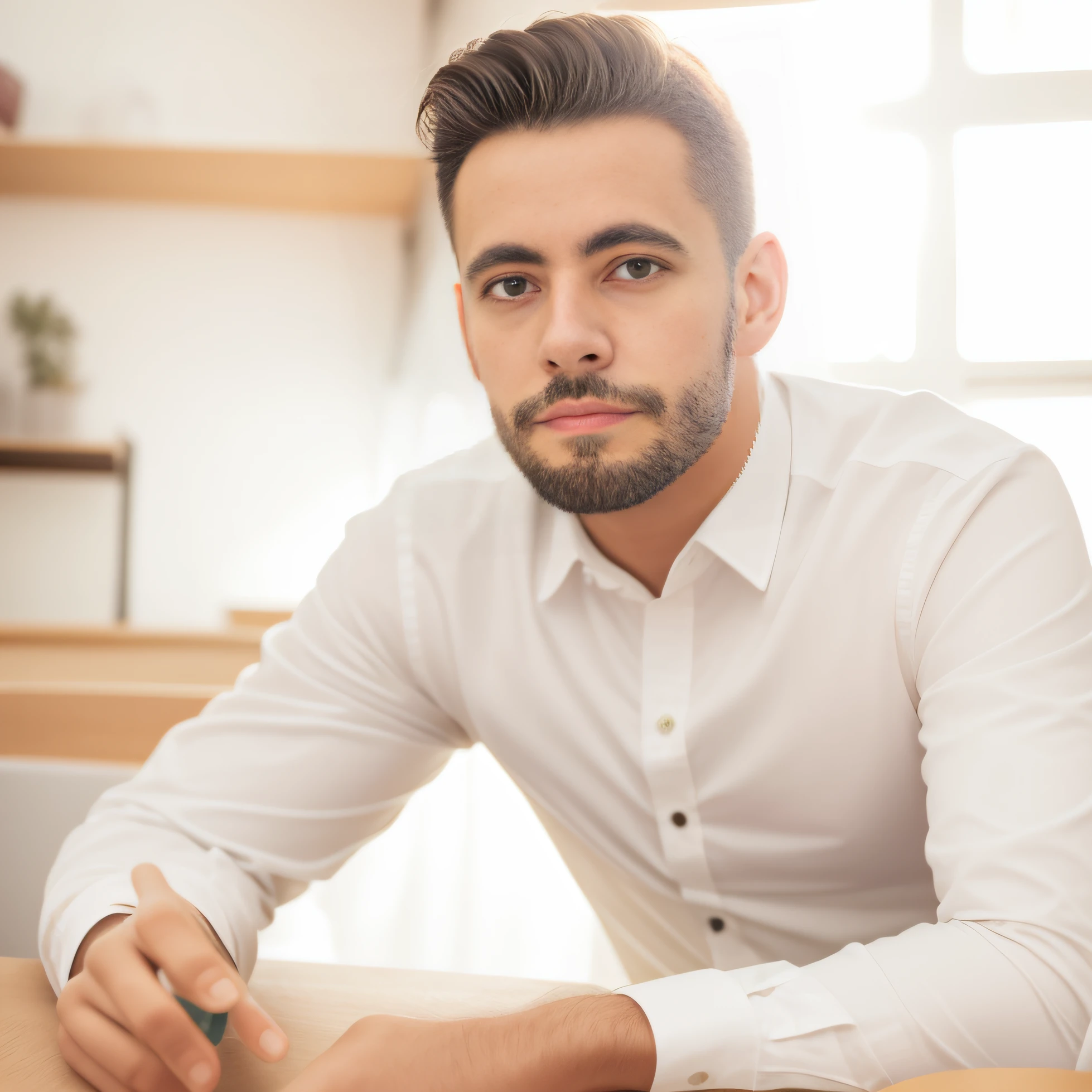 Homem sentado em uma mesa, wearing a white button up shirt, homem atraente, Homem na casa dos 30 anos,