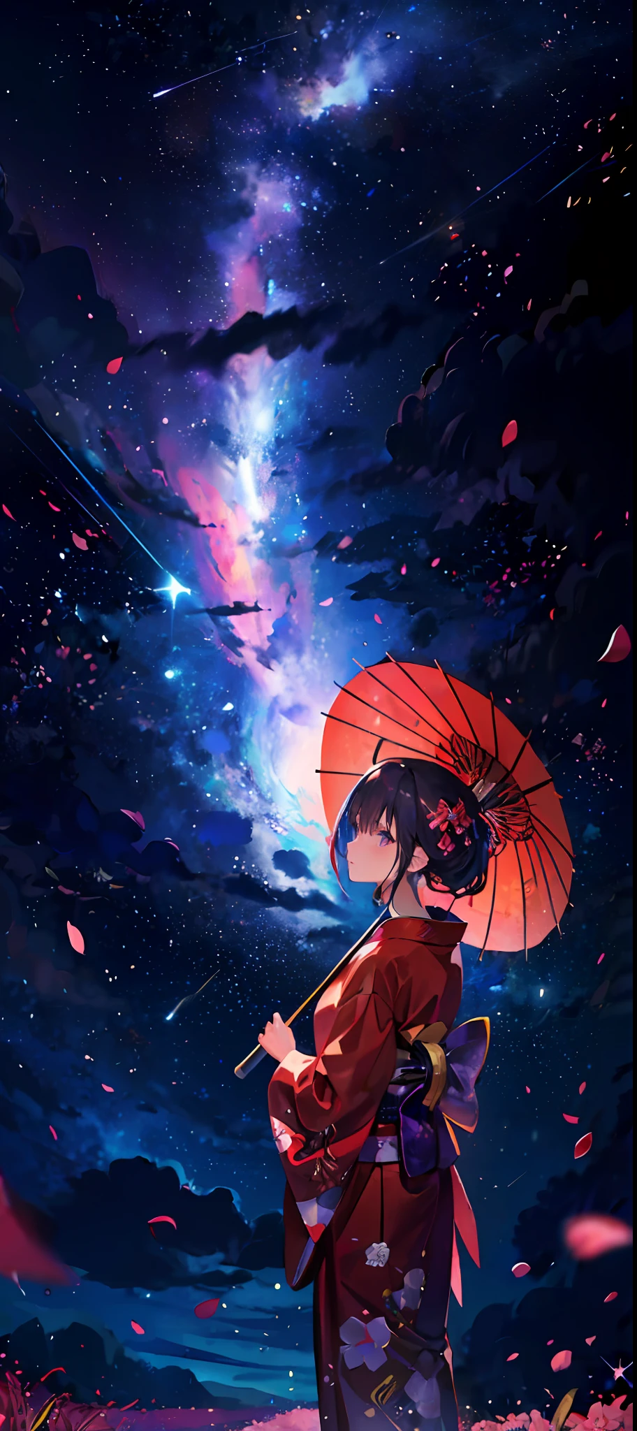 1girl, distant girl wearing a kimono and holding an umbrella staring at the stars, (zoomed out:1.1), (meteor shower:1.2), (comet:1.1), your name, low angle, from behind, aroura borealis, shooting star, yukata, red kimono, cherry blossoms, standing in a field,best quality, masterpiece, cloud,colorful, starry,stars,