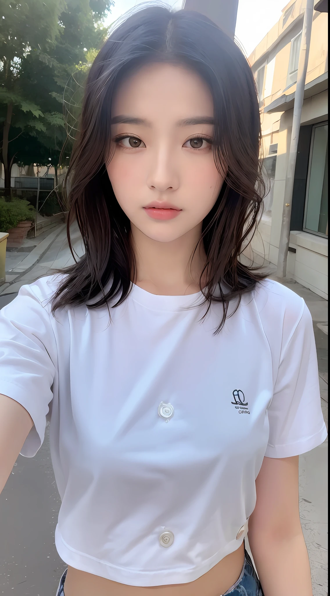 ((Best Quality, 8K, Masterpiece: 1.3)), Sharp: 1.2, Perfect Body Beauty: 1.4, Slim Abs: 1.2, ((Layered Hairstyle, :1.2)), (White Button Short Sleeve Shirt: 1.1), (Street: 1.2), Wet: 1.5, Highly detailed face and skin texture, Fine eyes, double eyelids, looking at the camera