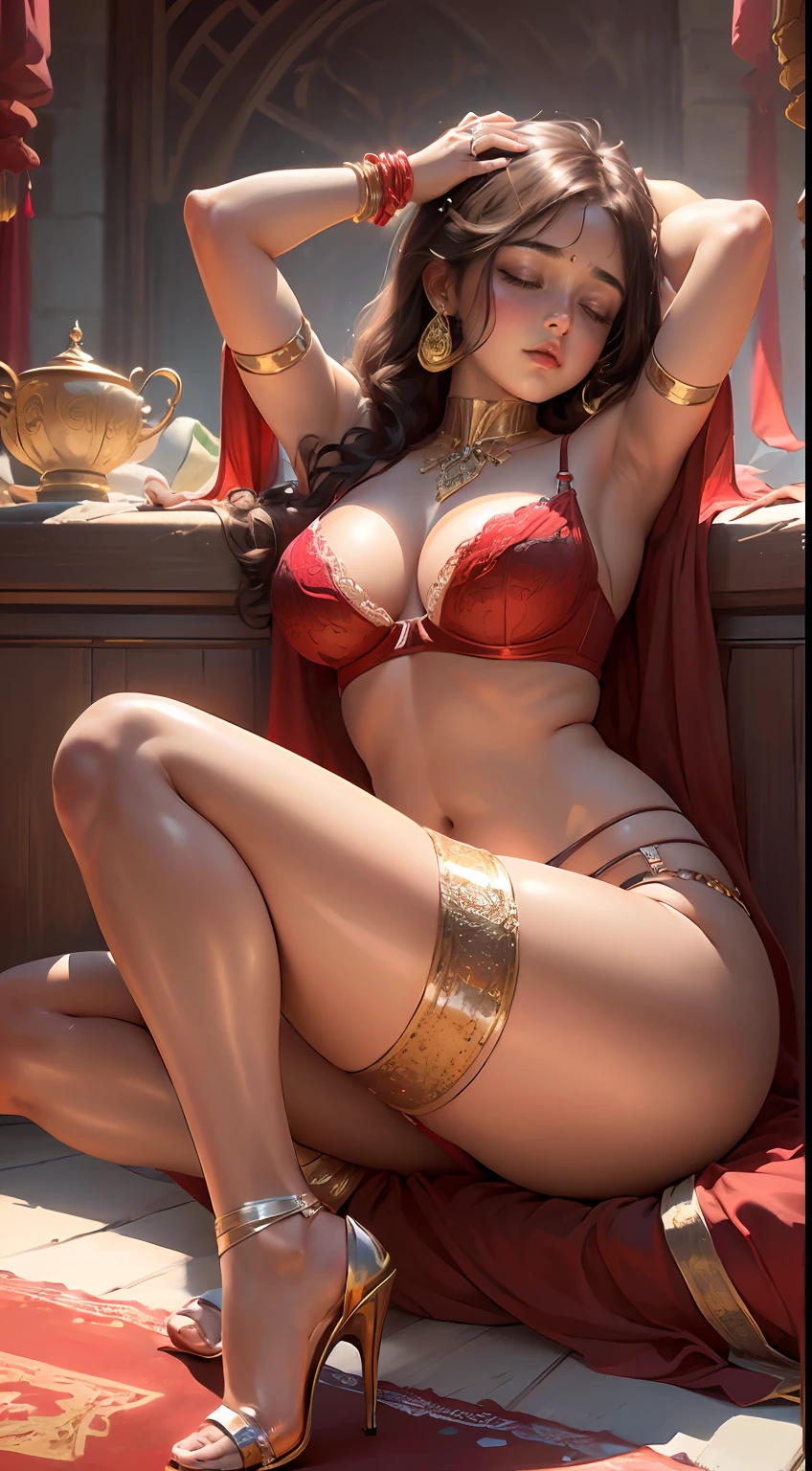 (20 years old), (arabian girl:1.5) perfect face, (chubby:1.4) child in saree perfect full HDR body exposed midriff highleg flat chest curvy indian armpits bellydancer 8k high res knees ankles , royal skimpy underwear, cleavage (shiny skin:1.5) (full body shot) (high heels) (brown skin:1.7) (arabian background:1.5) (sleeping:1.4) (arms behind head:1.4) (shot from below:1.4) (red lace bra:1.4)