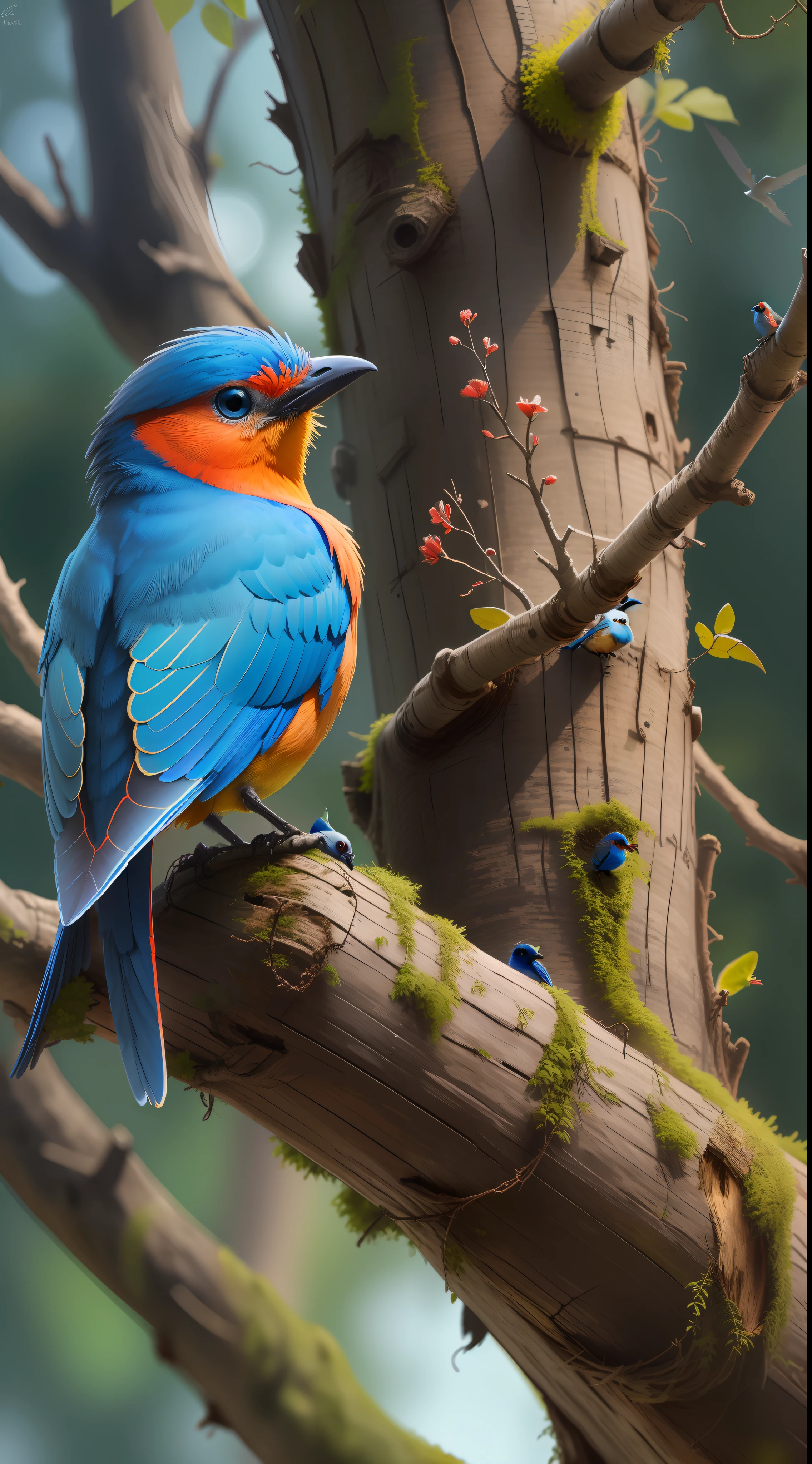 Red and blue bird sitting in the tree,red and blue bird,high resolution,high quality,dark background