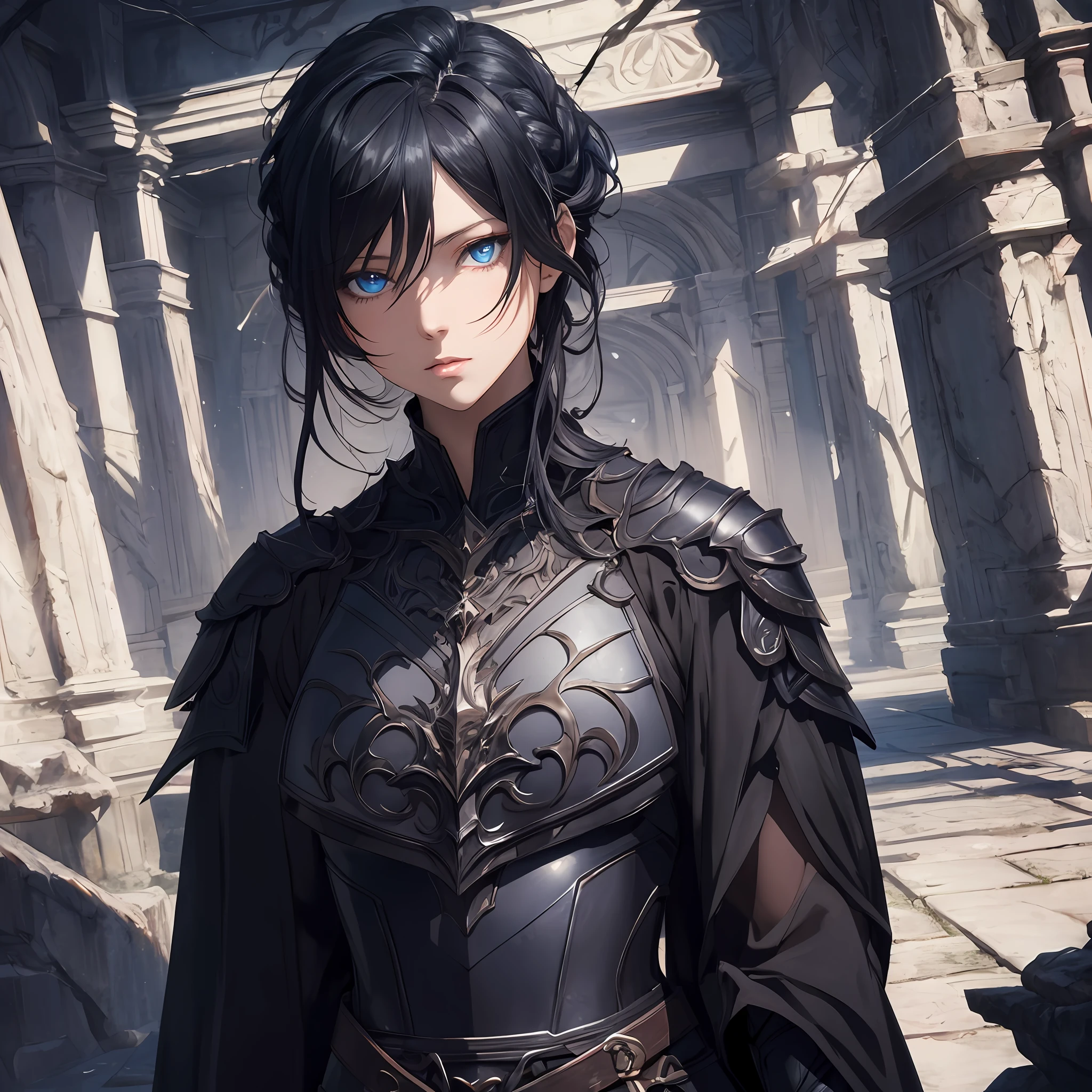masterpiece, best quality, 1woman, adult, female focus, solo, dark black hair, long hair, blue eyes, looking at viewer, closed mouth, Fantasy aesthetics, Highly detailed, shadowverse style, black metallic armor