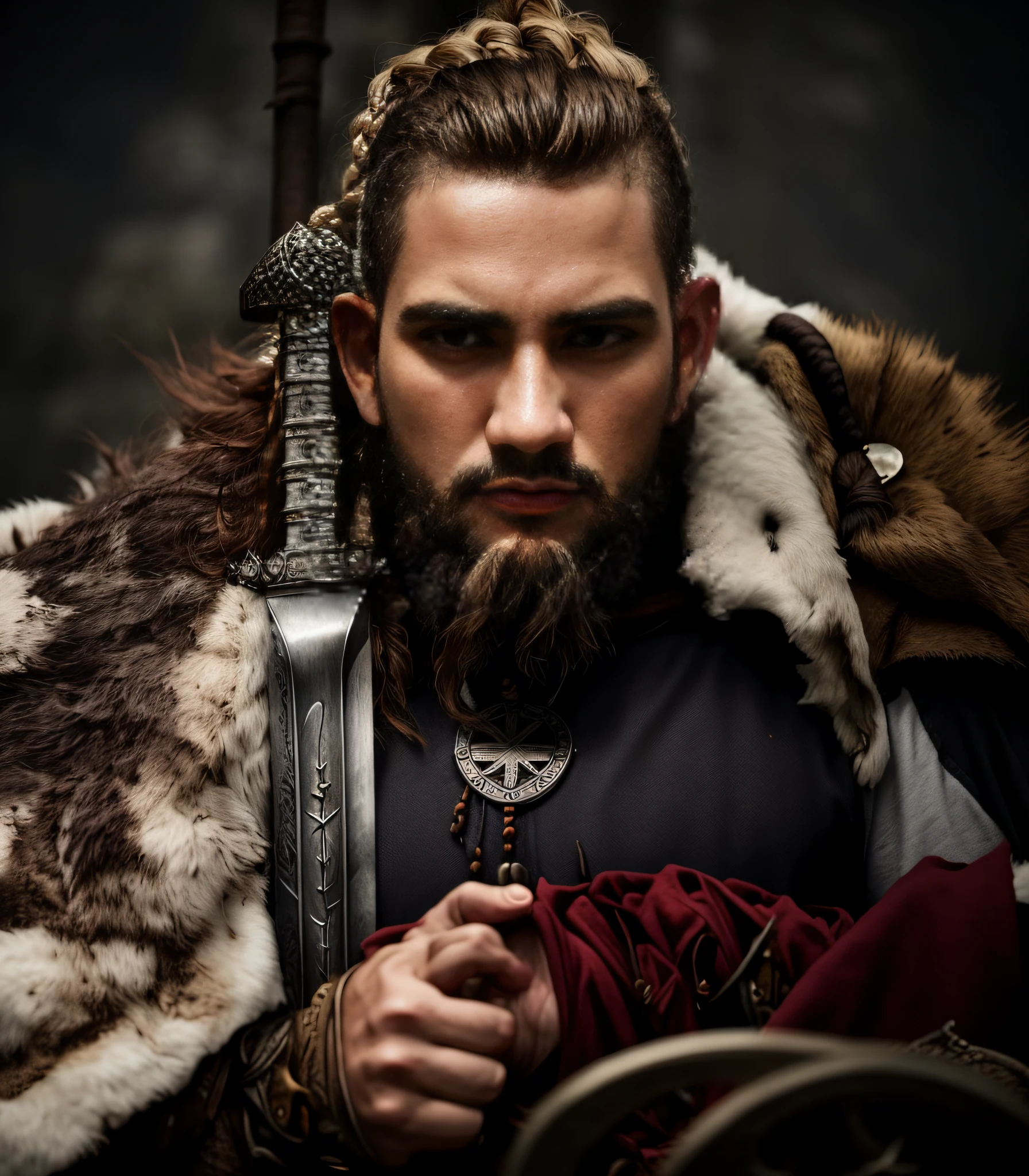 Arafed homem com uma espada e um lobo em seu ombro, Rei Viking, VIQUINGUES, Retrato de um viking, epic viking king, guerreiro viking, Barba Viking, Cultura Viking, estilo viking, viking and templar aesthetics, Guerreiro viking antigo, Viking Bom, norse warrior, Viking Berserker, long braided viking beard