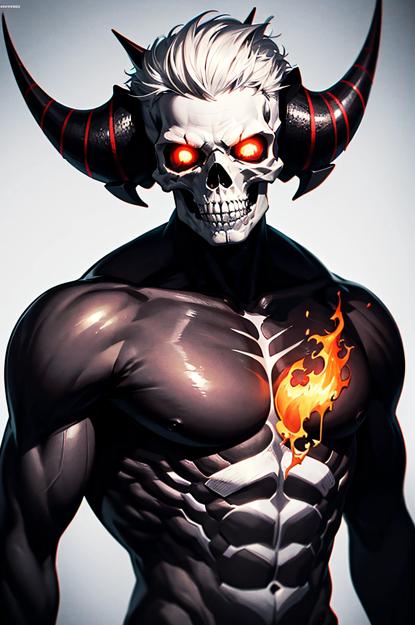 Absurd, high resolution, super detailed, official art, unified 8k wallpaper, super detailed, beautiful and aesthetic, Obra-prima, best quality, short white hair, dark skin, horns on the head, handsome boy, skull face, chest muscles, abs, tattoos, flame, glowing red eyes