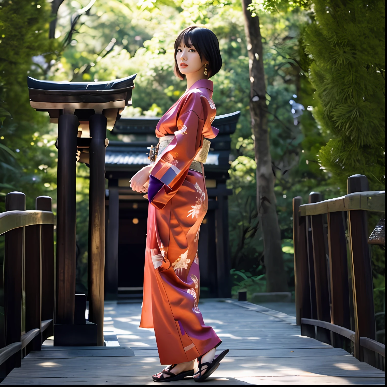 Alafi in a kimono standing on a wooden walkway in the park, wearing royal kimono, in a kimono, japanese kimono, Wearing kimono, Kimono, Classic kimono, Wearing a kimono, red kimono with flower patterns, classy yukata clothing, in a kimono, elegant japanese woman, intricate geisha kimono, hakama kimono, Red kimono, traditional geisha clothing