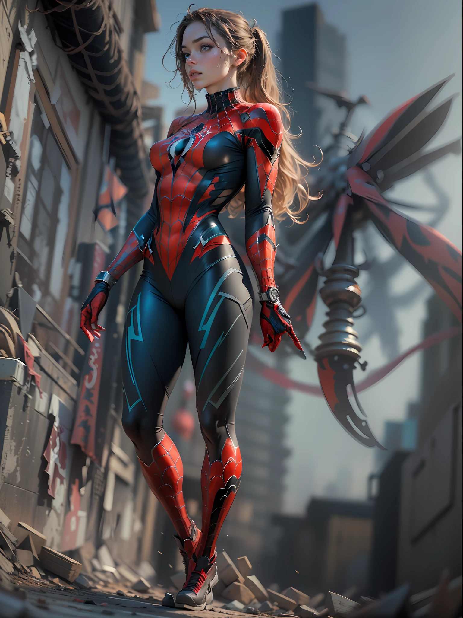 (anatomically correct, masterpiece, super detail, award winning, 8k), beautiful woman, detailed defined body, using spider man cosplay, 1girl, solo, atmospheric perspective, Nikon