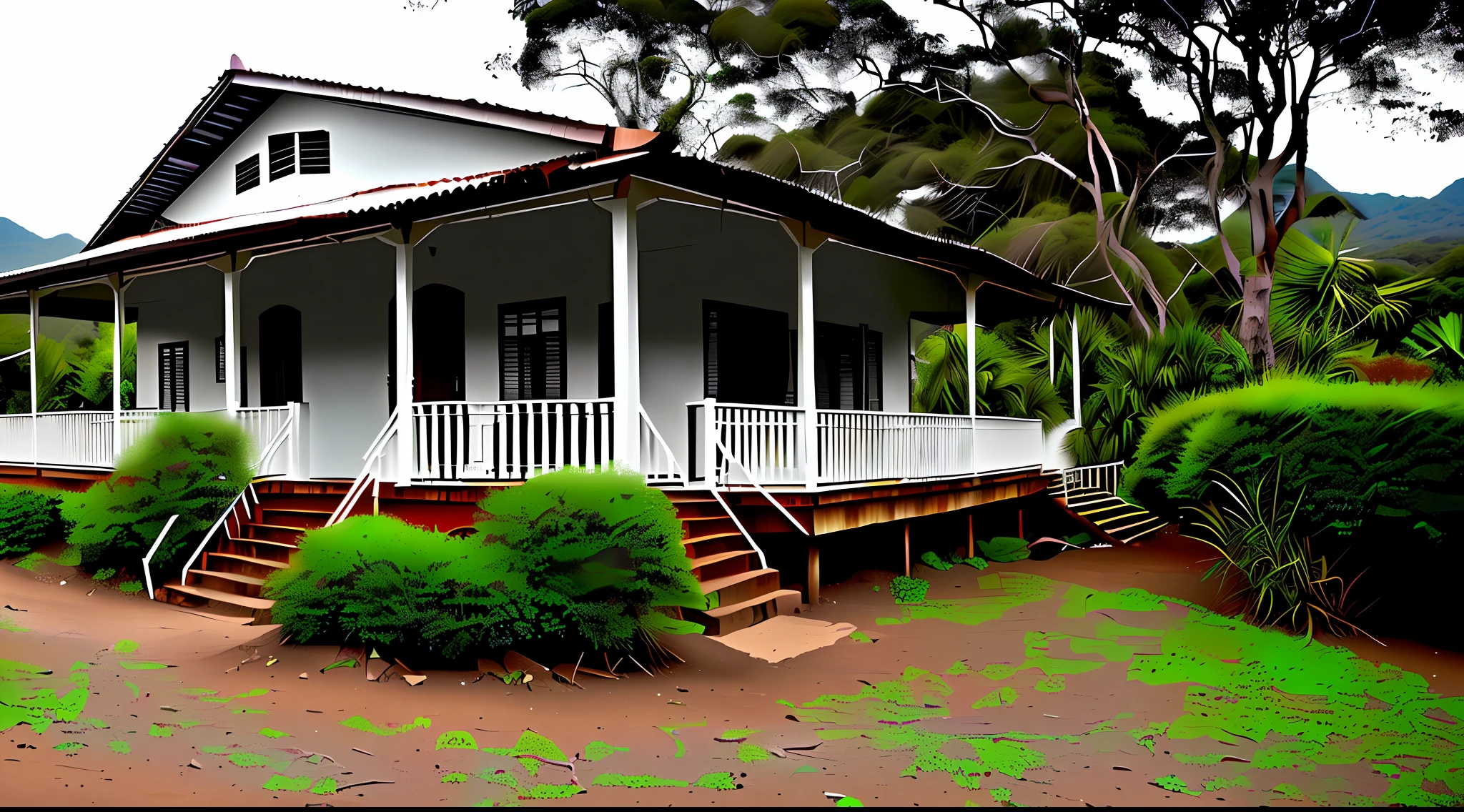 1 pequena casa assombrada de fazenda antiga e antiga no interior de Minas Gerais(Brasil) com floresta e montanhas pequenas ao redor, estilo filme de terror