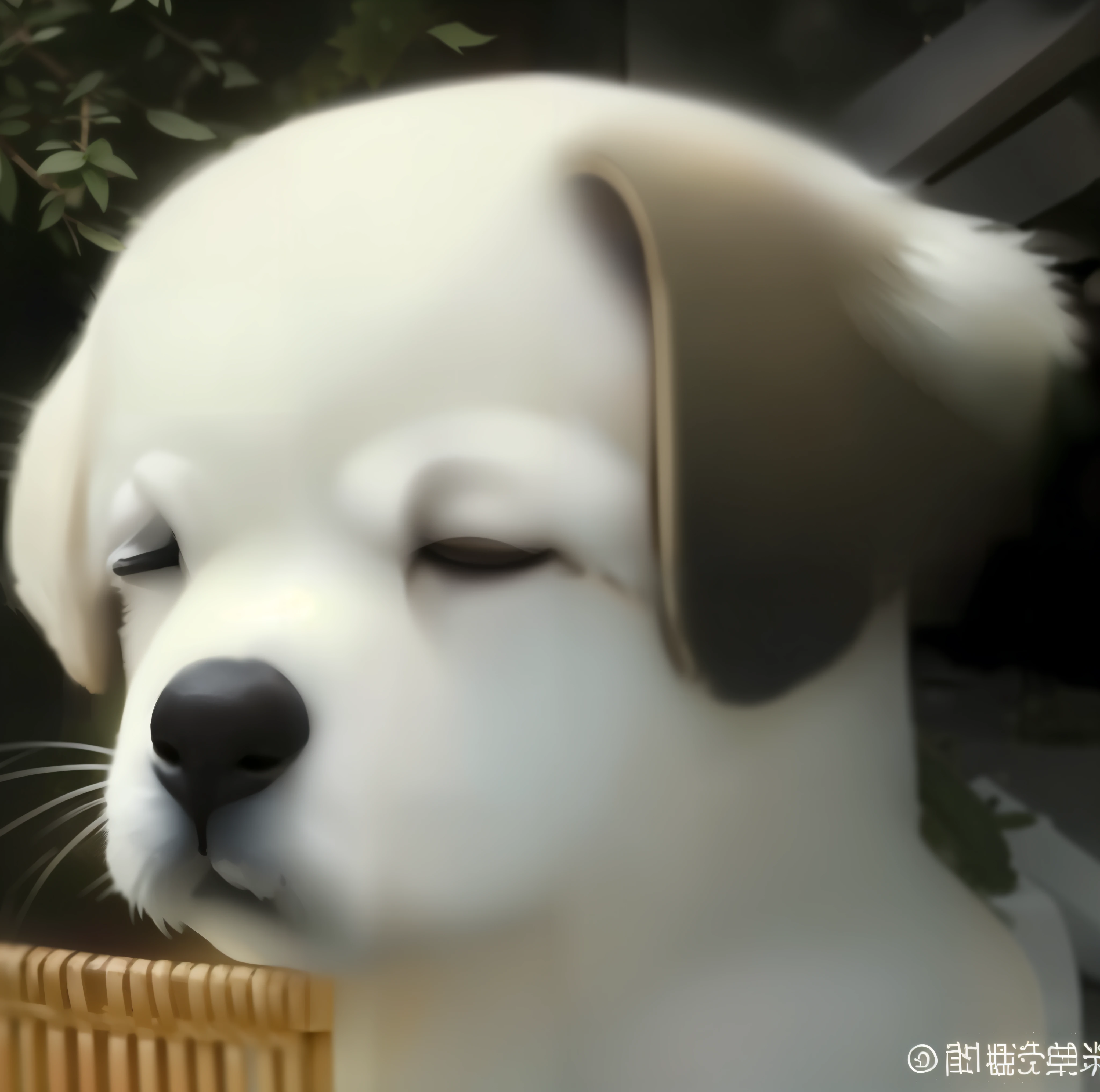 Puppy with closed eyes sitting outside in basket, ( dog ) looks like elephant, beautiful dog head, crying eyes closed!, Cute dog, dog looks like elephant, he has an elongated head shape, with a sad expression, awww, [ Realistic photo ]!!, Sleepy expression, winking one eye, with cute doting eyes, cute round slanted eyes