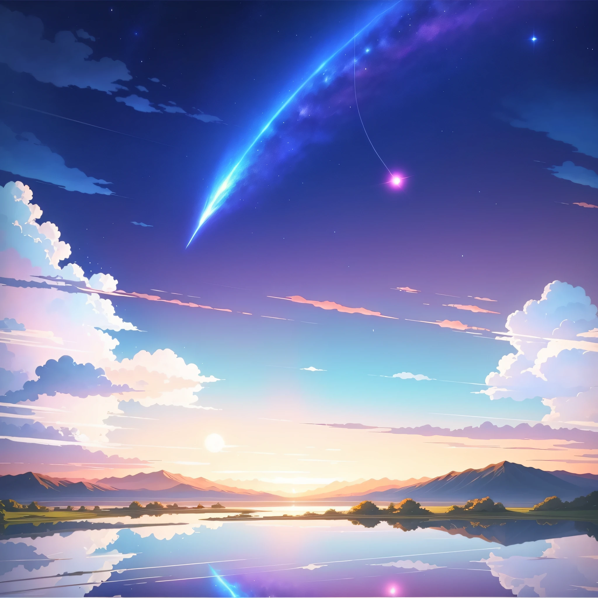 Shooting a painting of shooting stars over the lake, there are two shooting stars, pink and blue shooting stars. The blue sky, the pink-purple lake surface, has a layered color transition. You name it movie style, anime backgrounds, anime movie backgrounds, perfect reflection effects, anime sky, amazing wallpapers, vibrant colors, vibrant colors, bright colors. You name it, colorful anime movie backgrounds, anime clouds, no houses, no buildings, no humans. There are no ships. Beautiful anime scenes, anime background art, cosmic sky. Author: Makoto Shinkai, ufotable art style, anime beautiful peaceful scenes, atmospheric anime