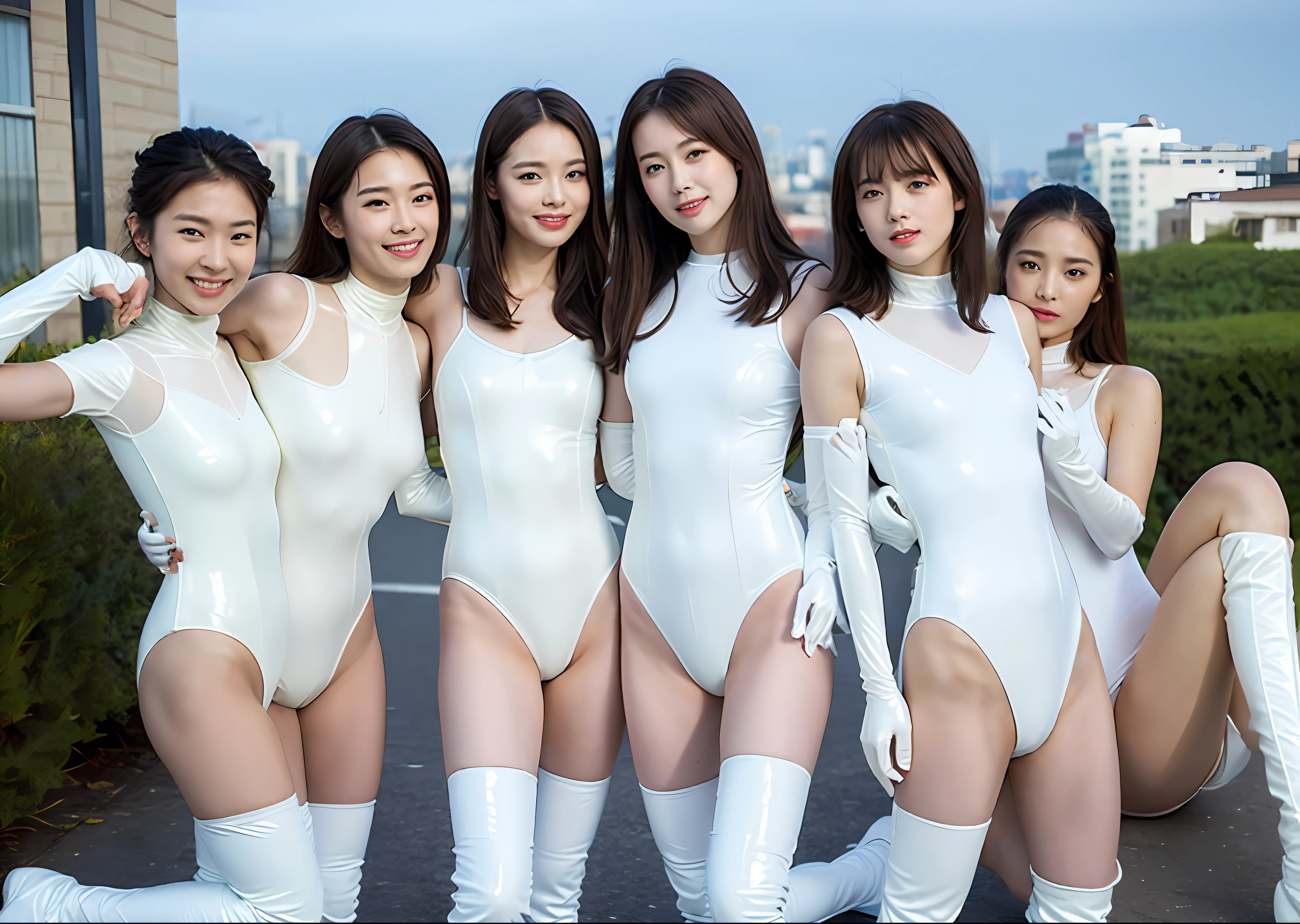 ((top-quality、masterpiece:1.3)), fullllbody, long legged, foco nítido:1.2, Cute 20s woman with perfect body shape smile:1.4, Slender Abs:1.1, ((dark brown hair、hugetits:1.2)), (White Latex Leotard、Long gloves in white latex、White Thigh Boots、blue-sky、5man:1.4)),(Empty city area:1.4) Highly detailed facial and skin texture, A detailed eye, 二重まぶた、hugetits、You can see up to your feet