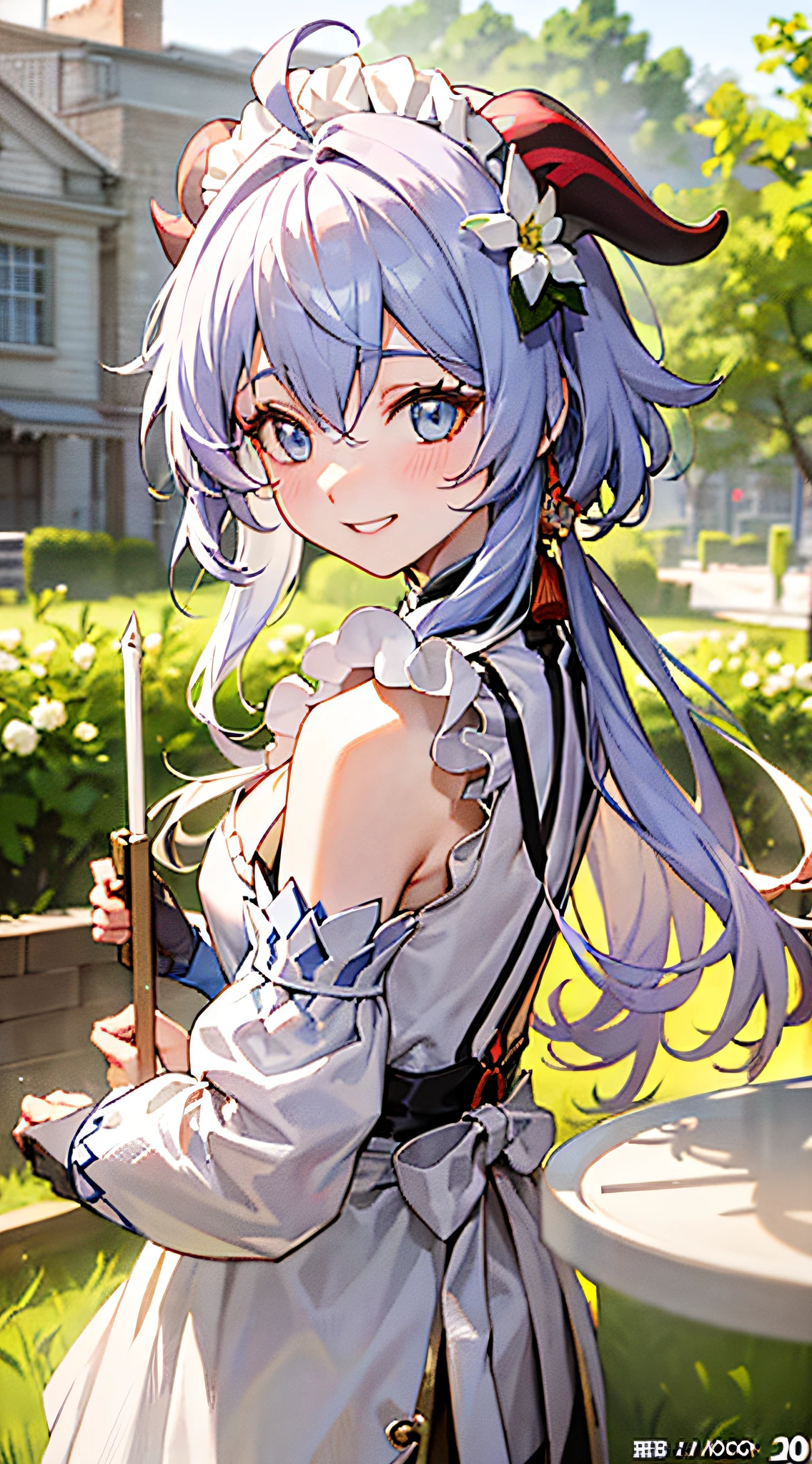 (Highest image quality),(A masterpiece),(Super meticulous),(Eye detail description:1.0),(lens flare glow:1.0),(filmposter:1.0),(Tarot border:1.0),(closeup cleavage:1.0),(Negative space:0.8),(Negative space:1.6),(独奏),(Photorealistic:1.4), (Masterpiece, side-lighting, fine detailed beautiful eyes: 1.2), Masterpiece*Portrait, Realistic, 3D face, Ganyu \(Genshin Impact\), 1girll, ahoge, architecture, By bangs,Bare shoulders,bell,black glove,Black tights,(blue hair),Blushlush,Beautiful breasts,Chinese knot,the sleeve,flower knot,mitts,cow horn,long whitr hair,middlebreast,Neckbells,the maid outfit:2.0,maid costume:2.0,happy laughing,Squinted eyes,gentleness,extremely shy:2.0,Be red in the face:2.0,exhilarated,Not facing the lens,Super happy:2.0,Shopping at the supermarket,Visit a clothing store:3.0,ssmile,Playful,Pick clothes:3.0,Super meticulous,Lunette de soleil,sneak shot,grin,Close your eyes,Smiling eyes,Candid photos of girls:2.0,Back shadow:2.0