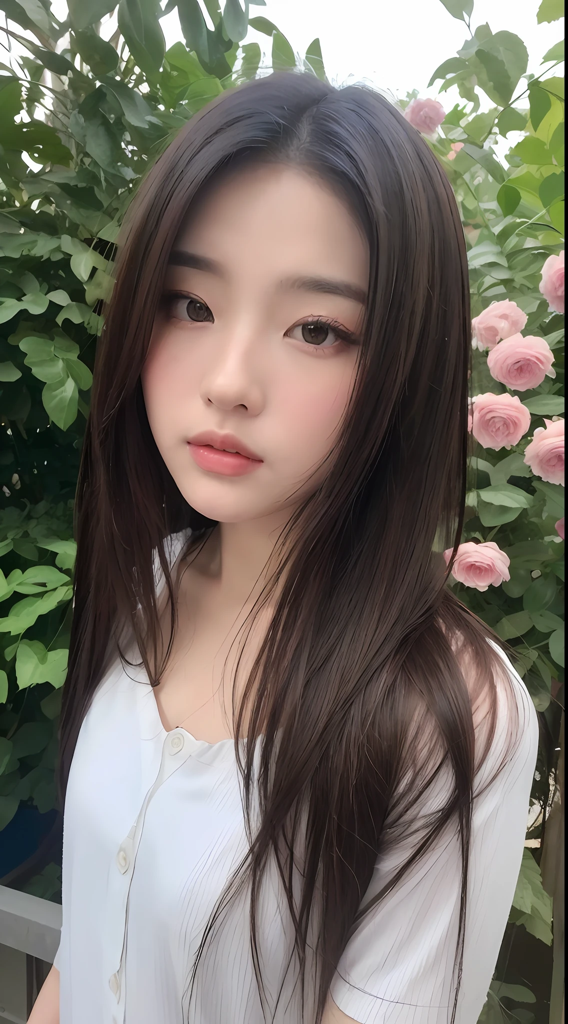 ((best qualtiy, 8K, tmasterpiece:1.3)), Sharp:1.2, perfect figure beautiful woman:1.4, ((Layered Hair Style :1.2)), (White Button Short Sleeve Shirt:1.1),(Flowers:1.2),Highly detailed facial and skin texture,A detailed eye,二重まぶた,looks into camera