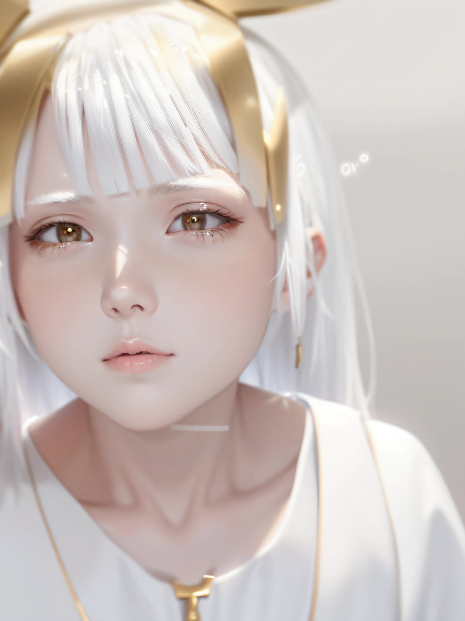 best quality, masterpiece,white hair, gold eyes,white clothes, looking up, upper body,hair strand,Fair skin,side braids
