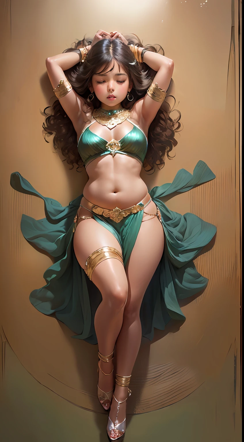 (8 :1.7), (arabian girl:1.5) perfect face, (chubby:1.4) child in saree perfect full HDR body exposed midriff highleg loli flat chest curvy indian armpits bellydancer 8k high res knees ankles , royal skimpy underwear, cleavage (shiny skin:1.5)  (full body shot) (high heels) (brown skin:1.7) (arabian background:1.5) (sleeping:1.4) (arms behind head:1.4) (shot from above:1.4)