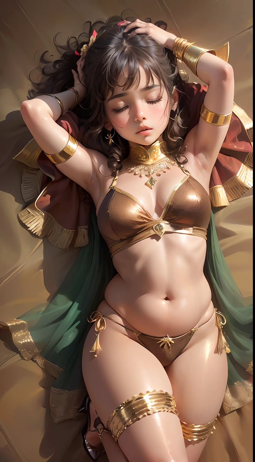 (:1.7), (arabian girl:1.5) perfect face, (chubby:1.4) child in saree perfect full HDR body exposed midriff highleg loli flat c curvy indian armpits bellydancer 8k high res knees ankles , royal skimpy underwear, cleavage (shiny skin:1.5) (full body shot) (high heels) (brown skin:1.7) (arabian background:1.5) (sleeping:1.4) (arms behind head:1.4) (shot from above:1.4)