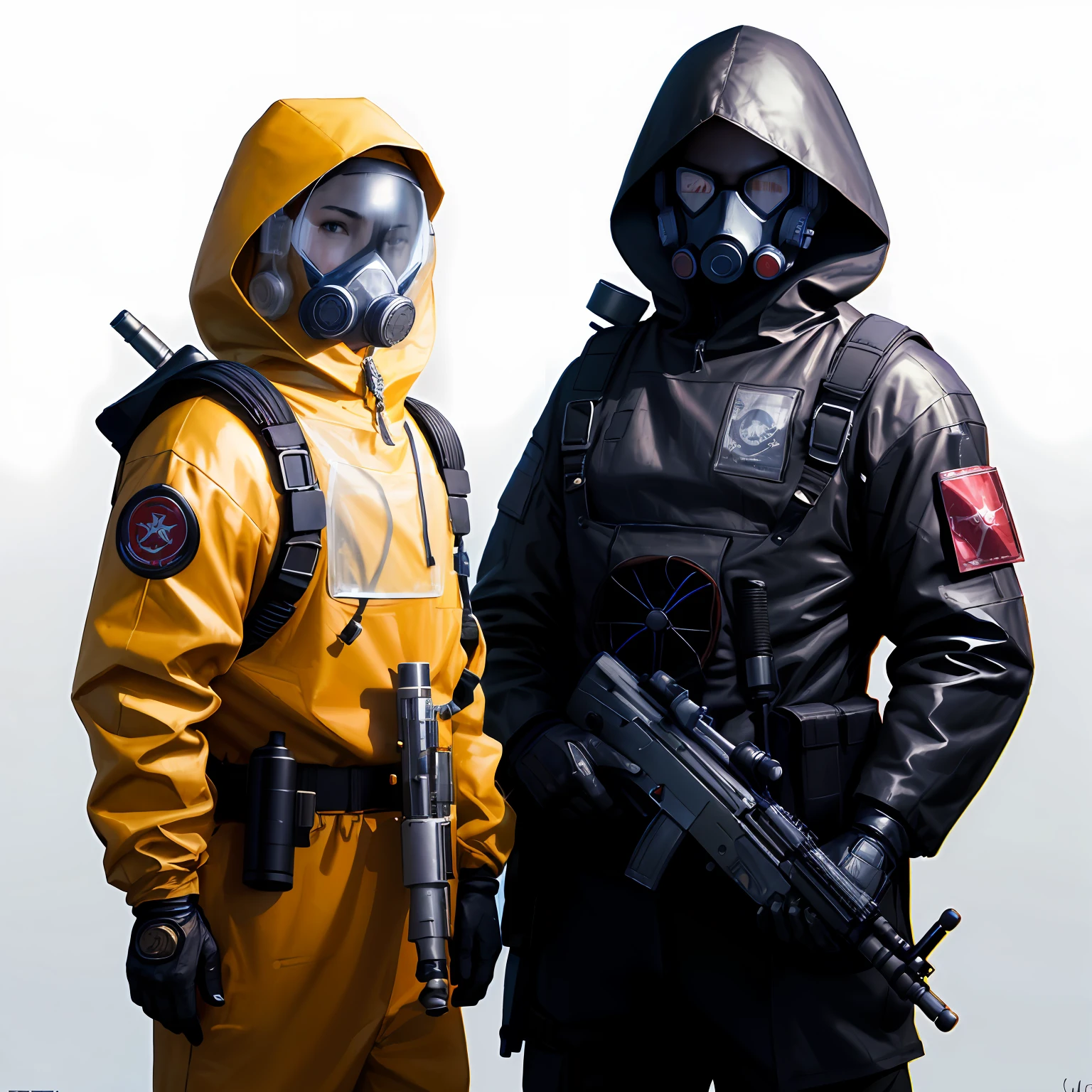 semi-realistic, front, bochen, guweiz, masterpiece, highres, highly detailed, (Post-apoc, postapoc_character), (hazmat, hazmat_suit), 1boy, holding weapon, assault rifle, hood, gloves, armor, single, front view, front, hood, close, face
