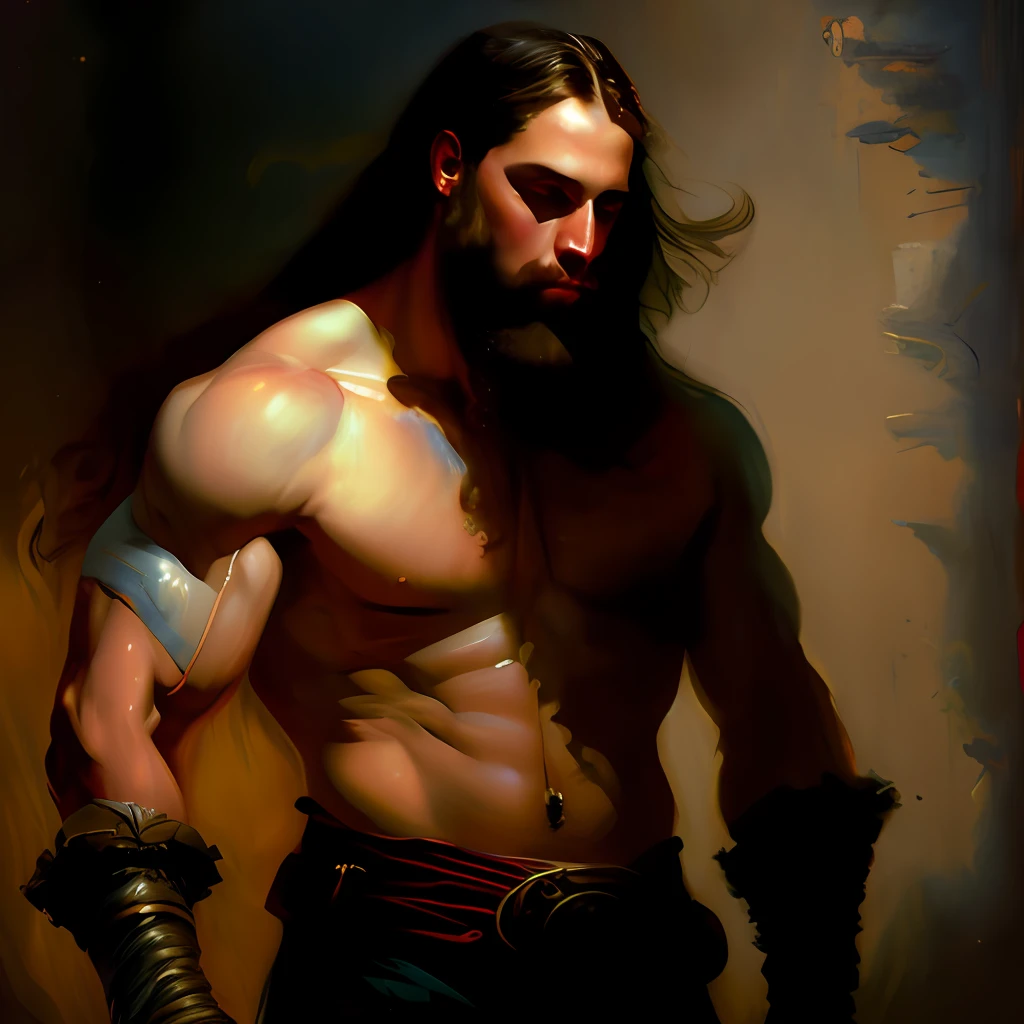 Painted portrait of barbarian warrior, deus grego, cabelo preto, barbudo, masculino, maduro, bonito, corpo musculoso, torso peludo, fantasia, altamente detalhado, pintura digital, Artistic Station, arte conceitual, suave, afiado foco, illustration, arte de gaston bussiere e alphonse mucha