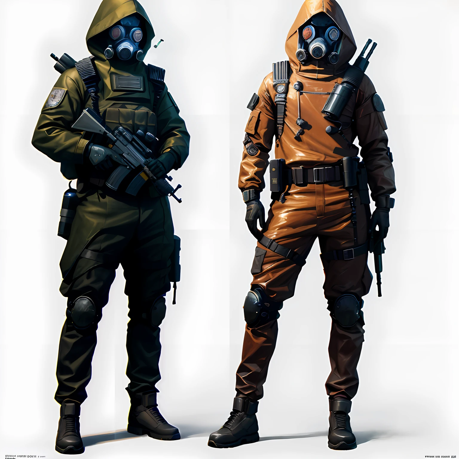 semi-realistic, front, bochen, guweiz, masterpiece, highres, highly detailed, (Post-apoc, postapoc_character), (hazmat, hazmat_suit), 1boy, holding weapon, assault rifle, hood, gloves, armor, single, front view, front, hood, close, face