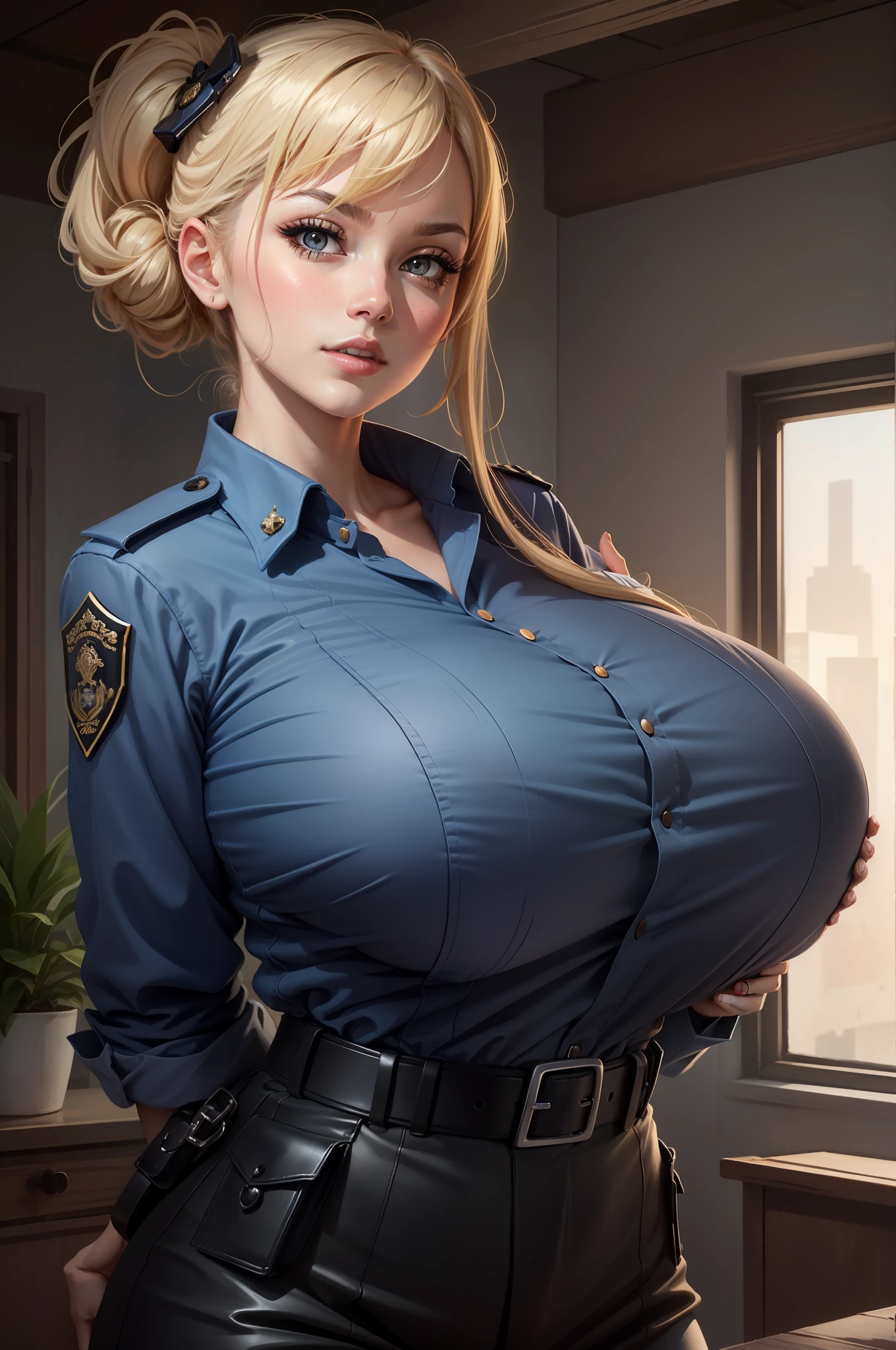 hyper HD，A woman in a police uniform showing her underwear poses for a photo, the breasts are large, With large breasts, SFW, (sfv) safe to work, Extremely detailed Artgerm, Big breasts!, Big breasts, Large breasts, breasts covered and sfw, Style Artgerm, realistic shadow perfect body, Big breasts!!, Surrealism female students, beautiful and seductive anime woman