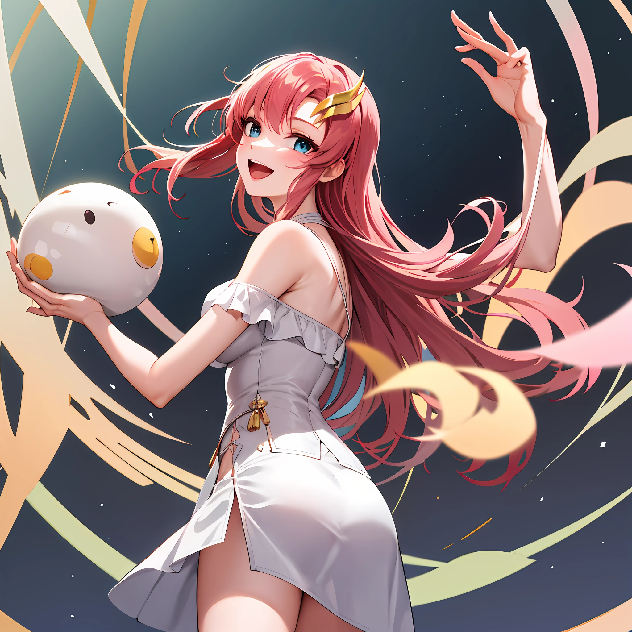 (masterpiece, 4k, best quality, anime style: 1.9, bold drawing lines, high saturation, space background, detailed face, tall, adult woman, lovely, (white background), drawing lines, highres, anime, lacus4. white dress with pink design), 1girl, solo, curvy figure, long hair, clavicle, shoulder bone, wavy hair, detailed narrow hair bang, hair ornament, detailed reddish pink hair, cleavage, big hands, big blue eyes, off-shoulder, MEDIUM breasts, smile, open mouth very much, very slim belly, dancing, leaning forward, very happy