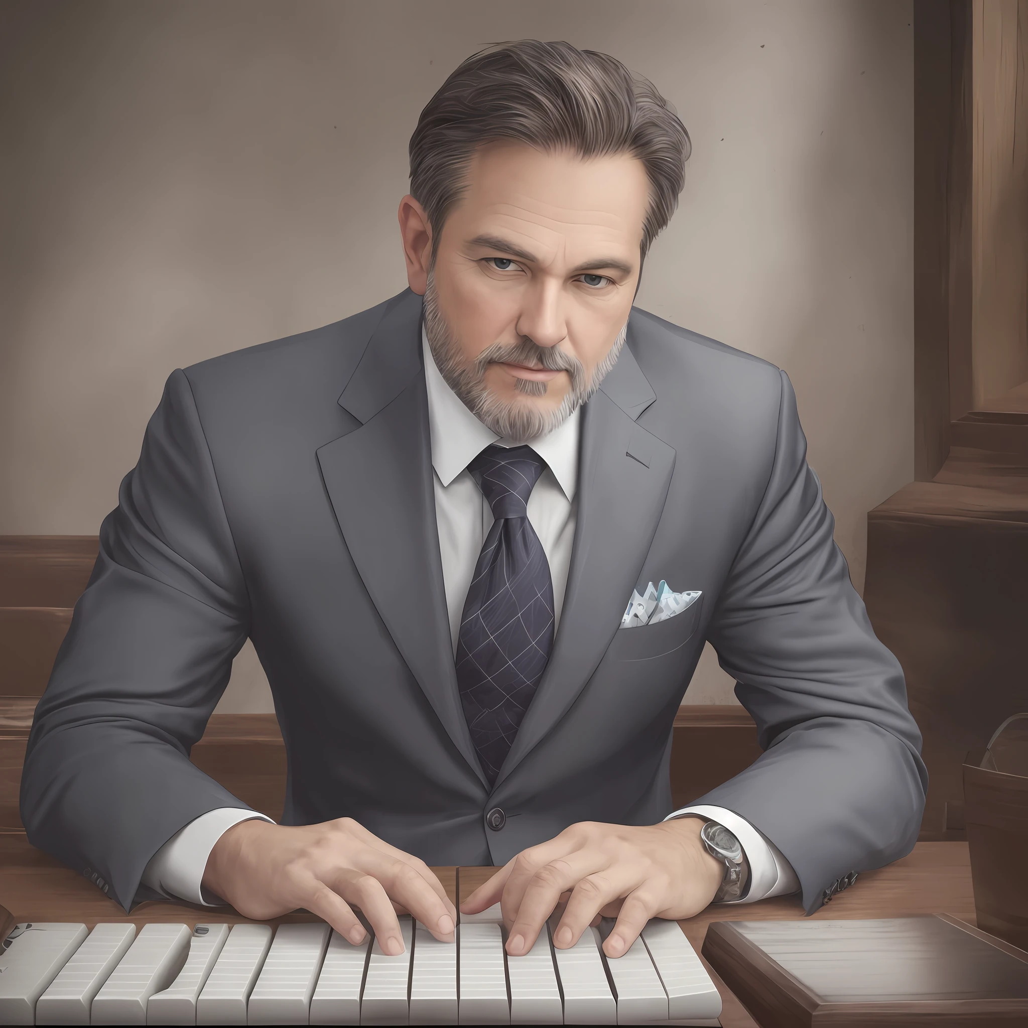 Realistic, 45-year-old man, hair and beard a little gray, tall, in suit and tie, ready to go to church, fair skinned, cinematic light, sitting playing keyboard, realistic keyboard player, playing keyboard, sitting. --auto --s2