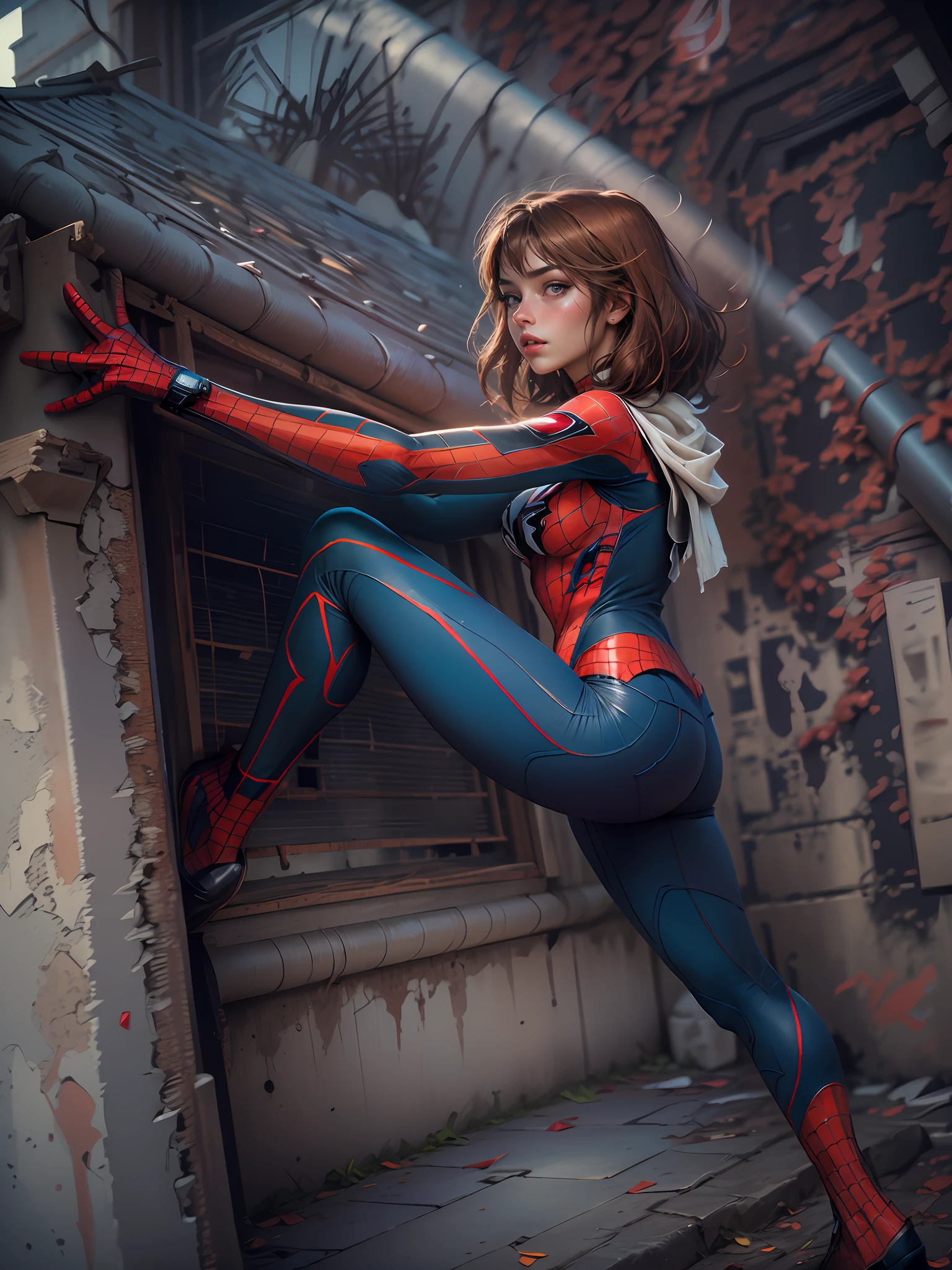 beautiful woman, detailed defined body, using spider man cosplay, 1girl, solo, atmospheric perspective, Nikon, masterpiece, super detail, award winning, 8k, textured skin