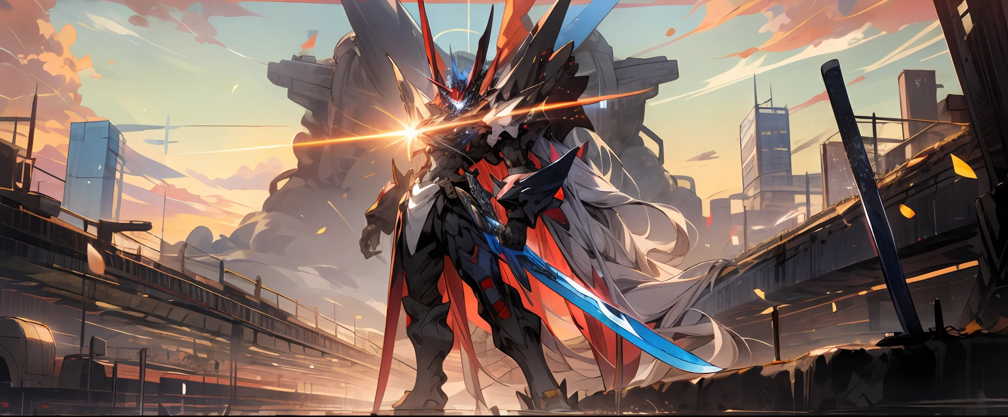 coda,Giant sword,immensity,Red-black,mechs,standing on your feet,low head,Semi-sideways,blue-sky,eventide,the sunset,500 meters