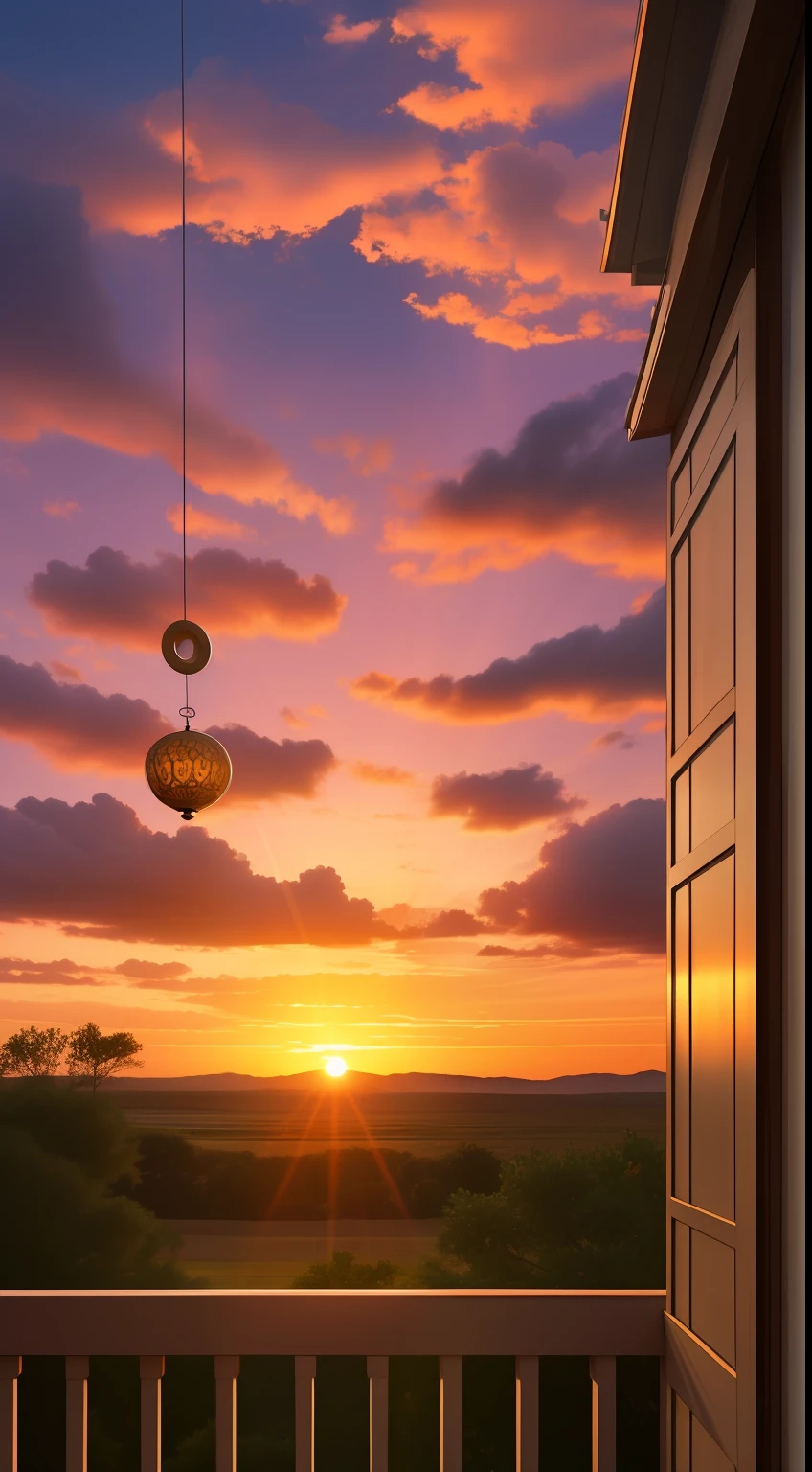 Wind chimes swaying in the sunset