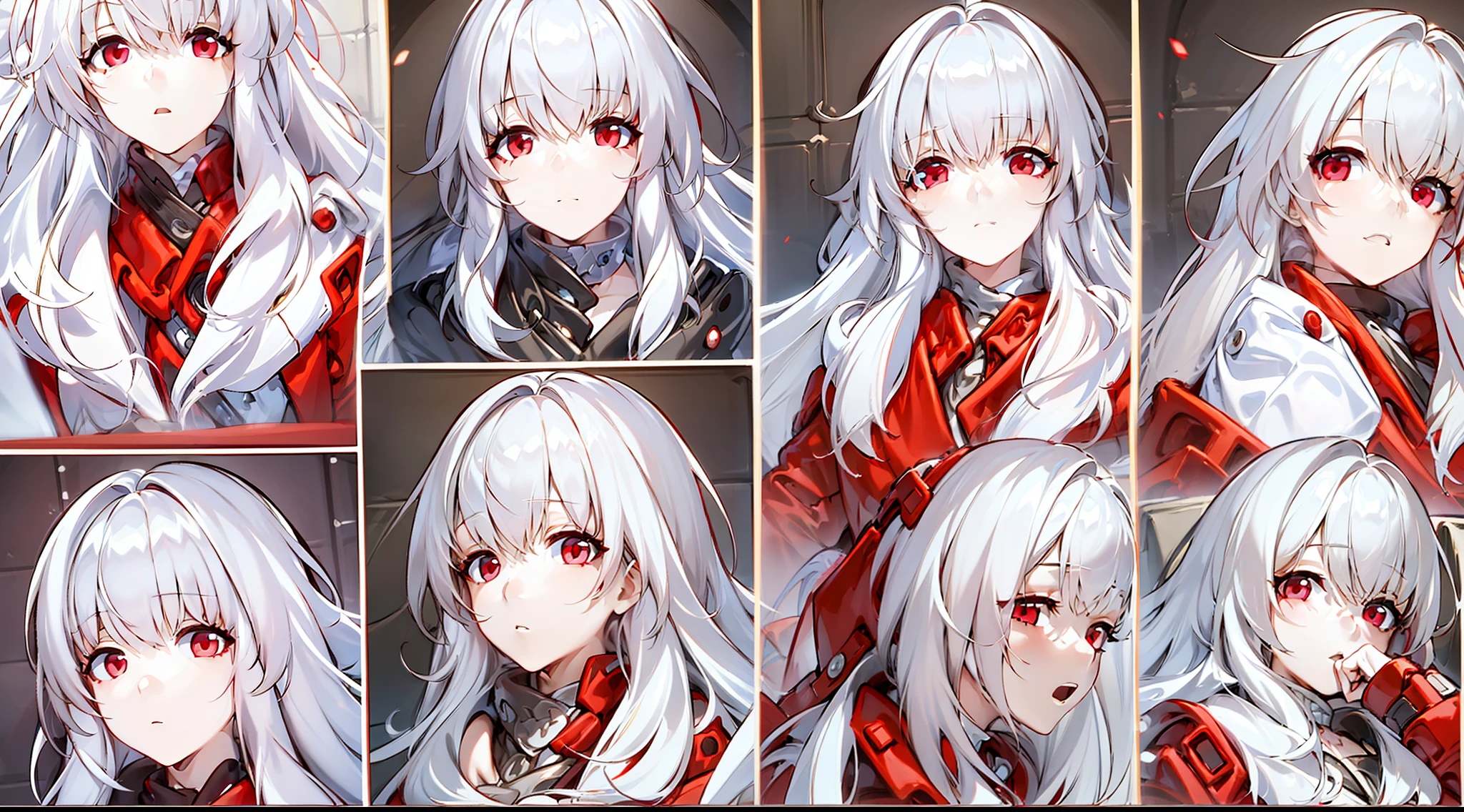 one-girl，White color hair，Red eyes，Bare legged，long whitr hair，Red coat,Red gloves