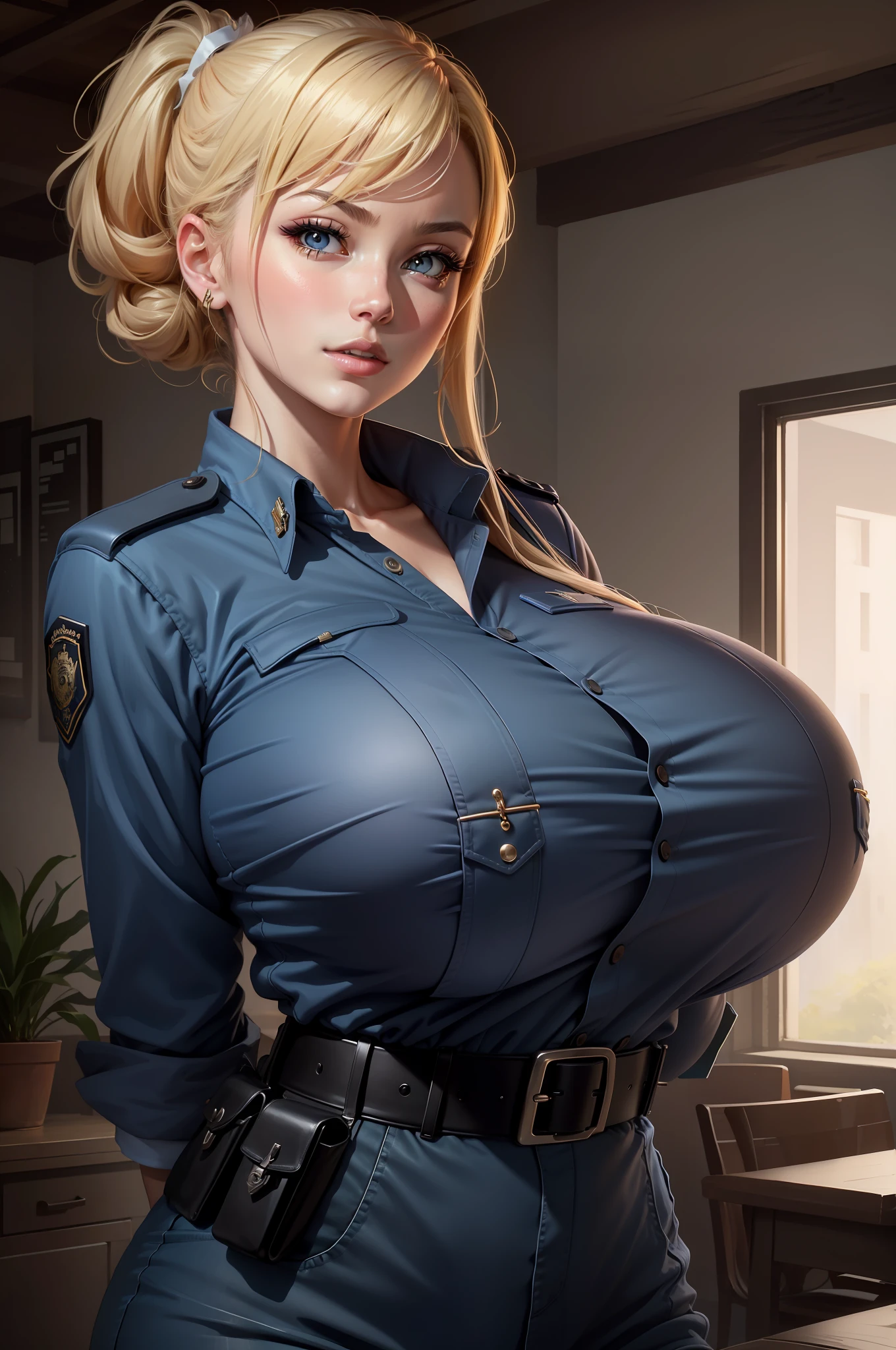 hyper HD，A woman in a police uniform showing her underwear poses for a photo, the breasts are large, With large breasts, SFW, (sfv) safe to work, Extremely detailed Artgerm, Big breasts!, Big breasts, Large breasts, breasts covered and sfw, Style Artgerm, realistic shadow perfect body, Big breasts!!, Surrealism female students, beautiful and seductive anime woman
