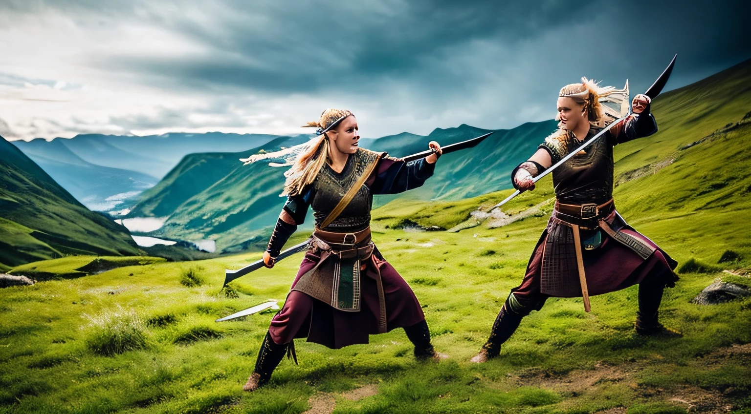 Two female viking warriors fighting. Ultra realistic photo like a still from a film. One is wielding an axe, the other has a sword. They are in a green mountain valley --auto