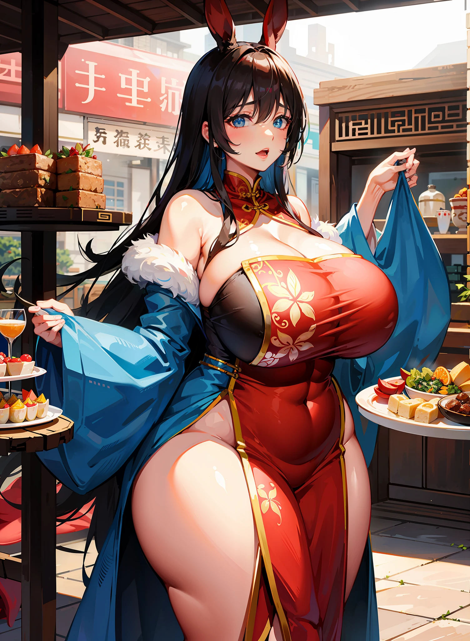 A MILF、Beautie、takeout、ultra gigantic tits、Hyper-obese body、chinese clothes、Overfeeding、Stacked tray background