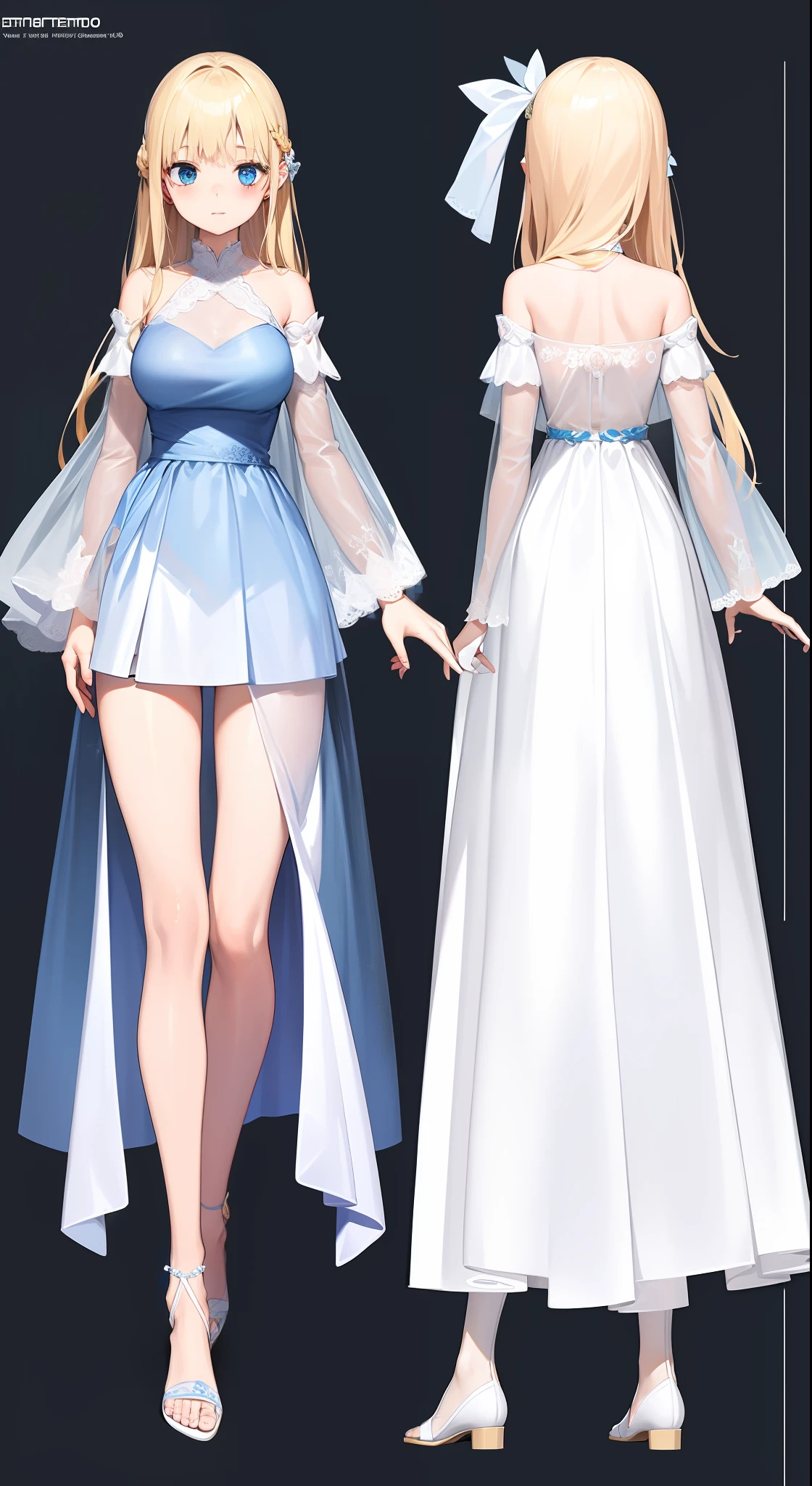 charturnerv2, 1girl, full body, blonde hair, long hair, blue eyes, white dress with blue details, princess, same outfit, concept-art, full body, detail_face, line_sketch, PlanIt, official art, official alternate costume, design style, multi style, detail character, 4_side, original, 8K GC, massive detail, multiple views of the same character, no background, only detail character, technical illustration, multiple views,masterpiece,best quality