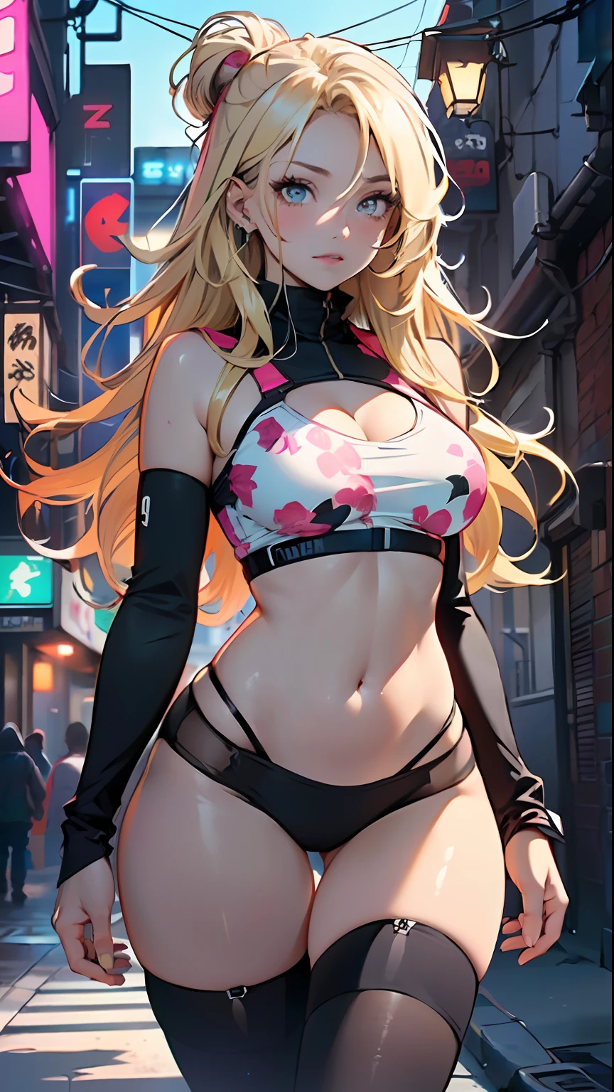 sport girl,(1girl:1.3),((anime girl with extremely cute and beautiful blonde hair walking seductively down the street)),
(large breasts:1.4),saggy breasts,(((very light blonde hair:1.35, straight hair, long hair:1.4, colored inner hair,ear breathing))),((heterochromia, eye1 blue, eye2 green, perfect eyes, upturned eyes:1.3, beautiful detailed eyes, finely detailed beautiful eyes:1, big highlight on eyes:1.2)), (fat:1.2),(((lustrous skin:1.5,bright skin: 1.5,skin tanned,shiny skin,very shiny skin,shiny body,plastic glitter skin,exaggerated shiny skin))),(spider lower abdomen,narrow waist,wide hip,athletic body,inflated legs,delicate detailed fingers,detailed body,detailed arms,human hands, detailed hands),
cute,slutty,seductive,erotic,nsfw,
zettai ryouiki,revealing clothing,show skin,((sport bra an magenta print, sport mini-short,visible thong straps)),(wearing a sport outfit:1.3,sport clothes,semi-naked,with little clothing,),(detailed outfit,detailed clothes),
(dynamic pose:1.0), solo focus, embarrassed, centered, scale to fit dimensions, Rule of thirds,
outdoors, ((night view)), (cyberpunk night street Background: 1.5,dark sky,alleyway,lonely alley,thick clouds, detailed background:1.25),
(best quality), (high resolution), (sharp focus), (ultra detailed), (extremely detailed), (extremely high quality artwork), 8k_wallpaper, (extremely detailed CG 8k),(very fine 8K CG), ((hyper super ultra detailed perfect piece)), flawless, (((masterpiece))), illustration, vibrant colors, (intricate), High contrast, Selective lighting, Double exposure, HDR (High Dynamic Range), Post-processing, Background blur,