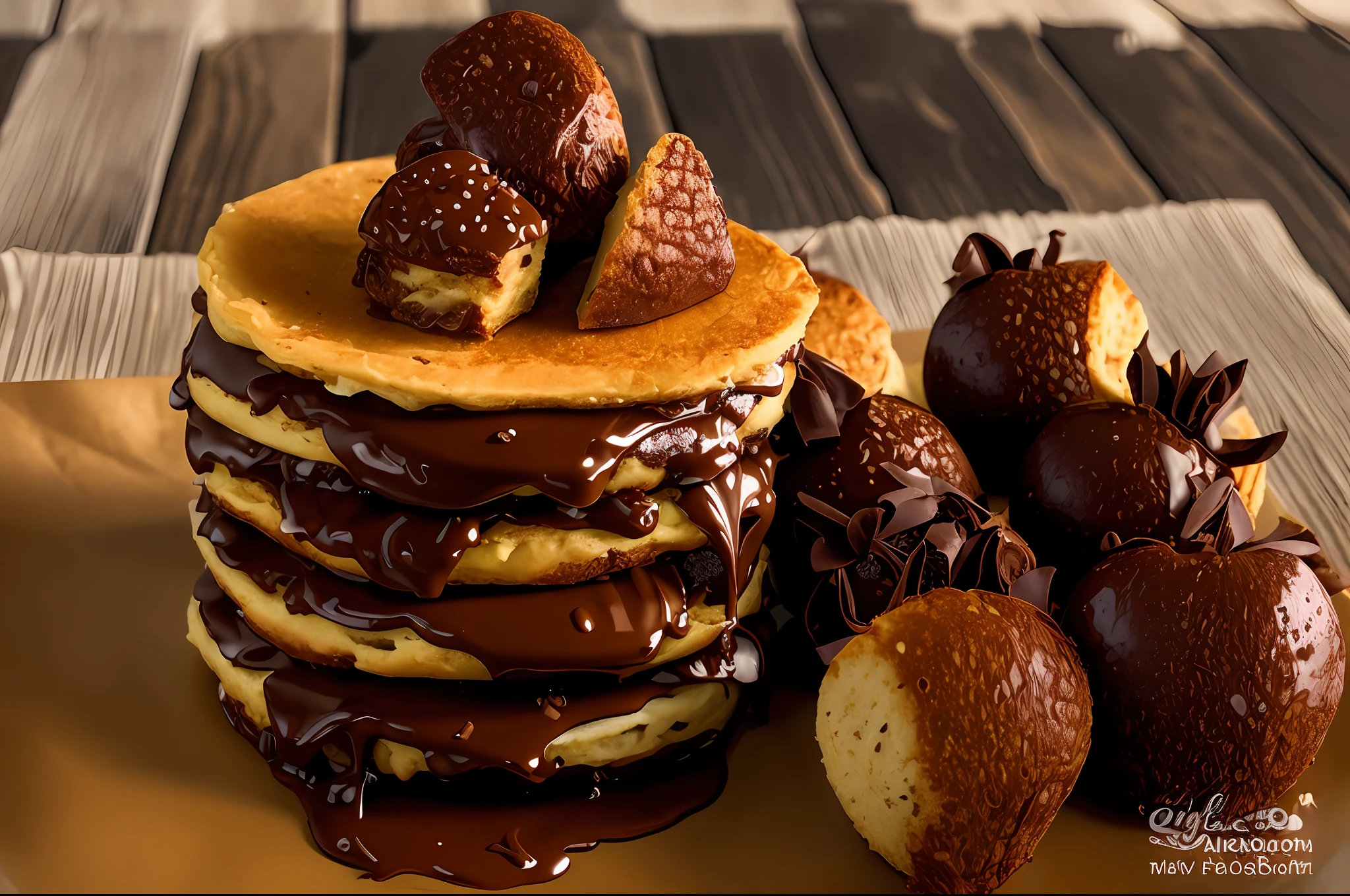 Panquecas de araffe com chocolate e morangos em um prato, Panquecas, ao lado de morangos fatiados, delicioso, um pouco de molho de chocolate, calda de chocolate, chocolate, Fotografia de comida de alta qualidade, !!altamente descaracterizado, sufocado em chocolate derretido, empilhado, Nata, foto altamente detalhada, decadente, cremoso, california;, effortless, imagem empilhada, Directed by: Alexander Robertson