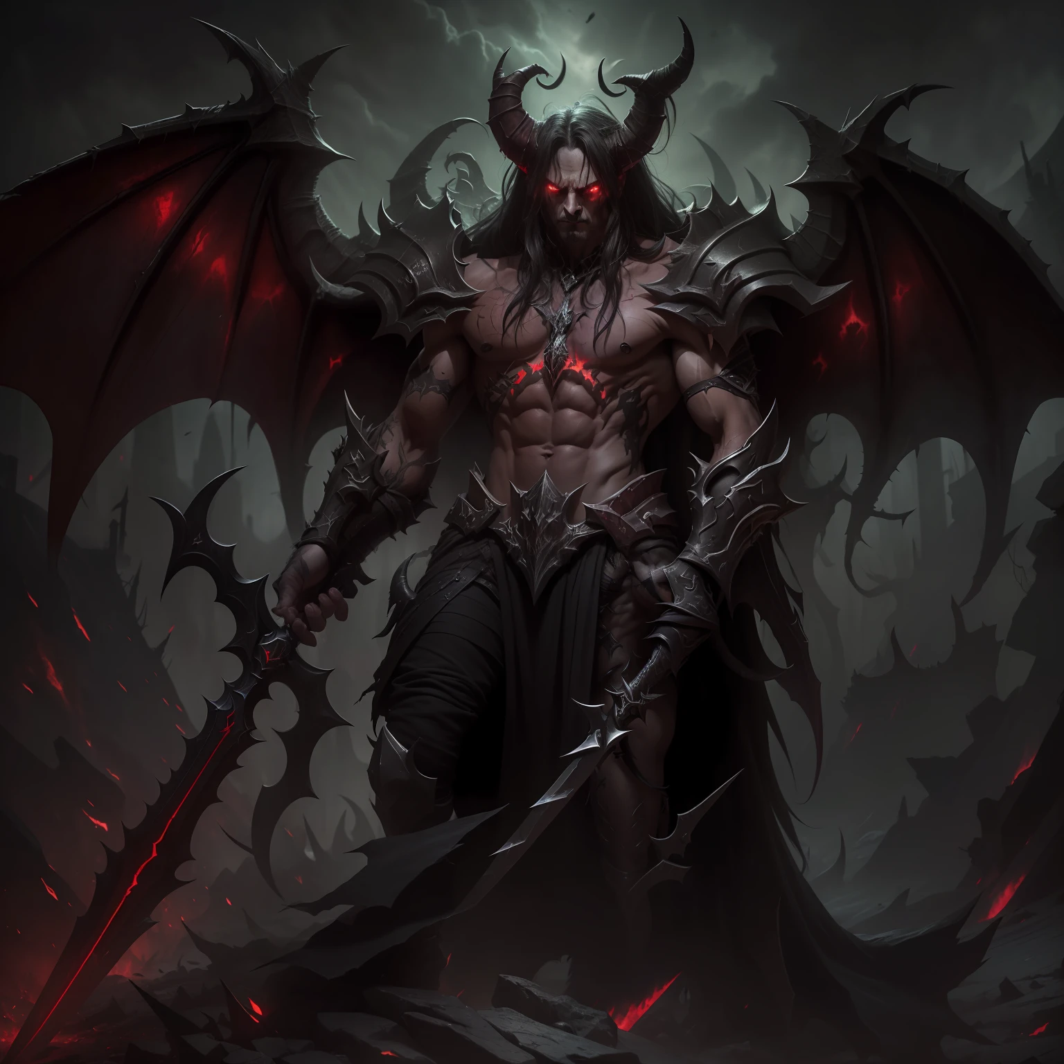 (best quality, detailed),(dark and edgy,gritty:1.3,gloomy:1.2),Illidan, World of Warcraft,
(demonic wings, sharp horns:1.3,deep red skin),dual Blades of Azzinoth,dark eyes,ominous, intense stare, dark background, Volumetric light