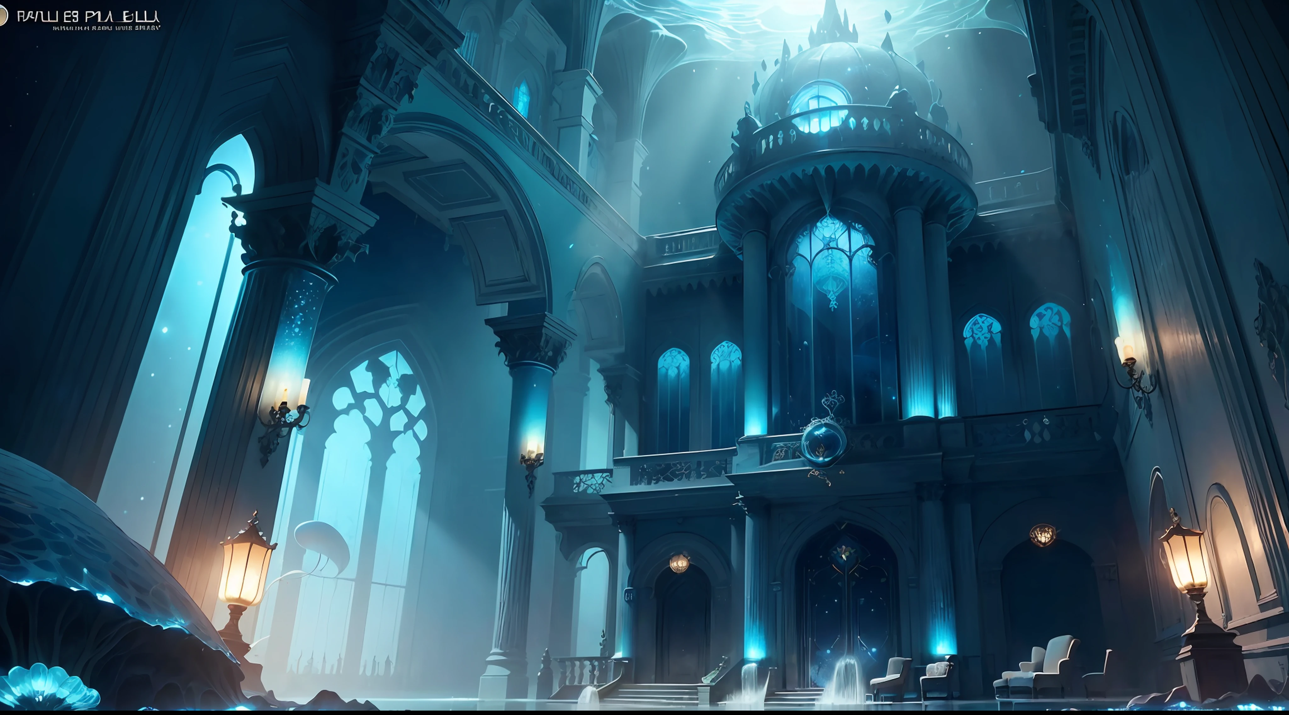 (The deep sea is full,dingdall effect, Undersea Palace:1.5,Blue Crystal Palace), Ultra mysterious, Mysterious building, Palace jellyfish accompanied, Glowing jellyfish, blue glow, Deep sea pearls, Starry sky like the Milky Way, (mistic:1.21), ((The deep sea is full)) higher details, Exquisite graphics. --auto